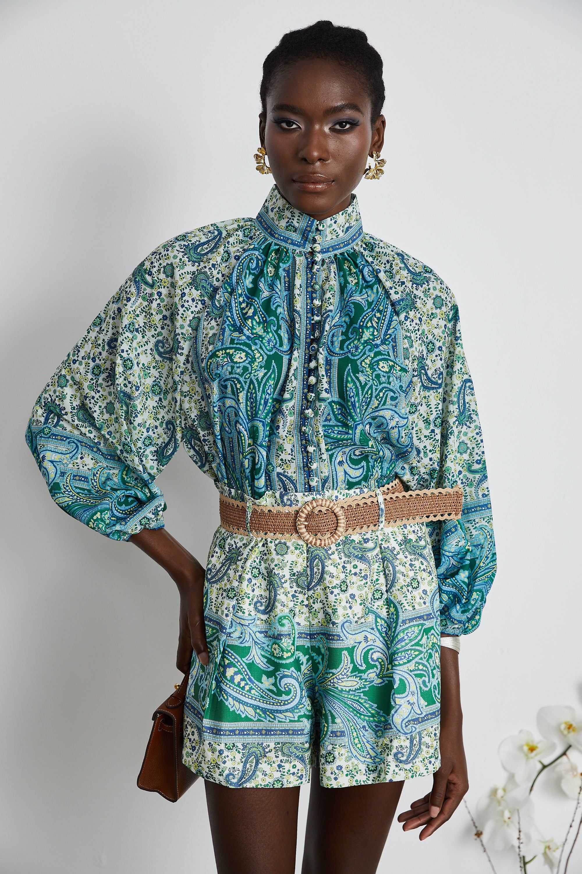 Louise green paisley shirt & shorts matching set