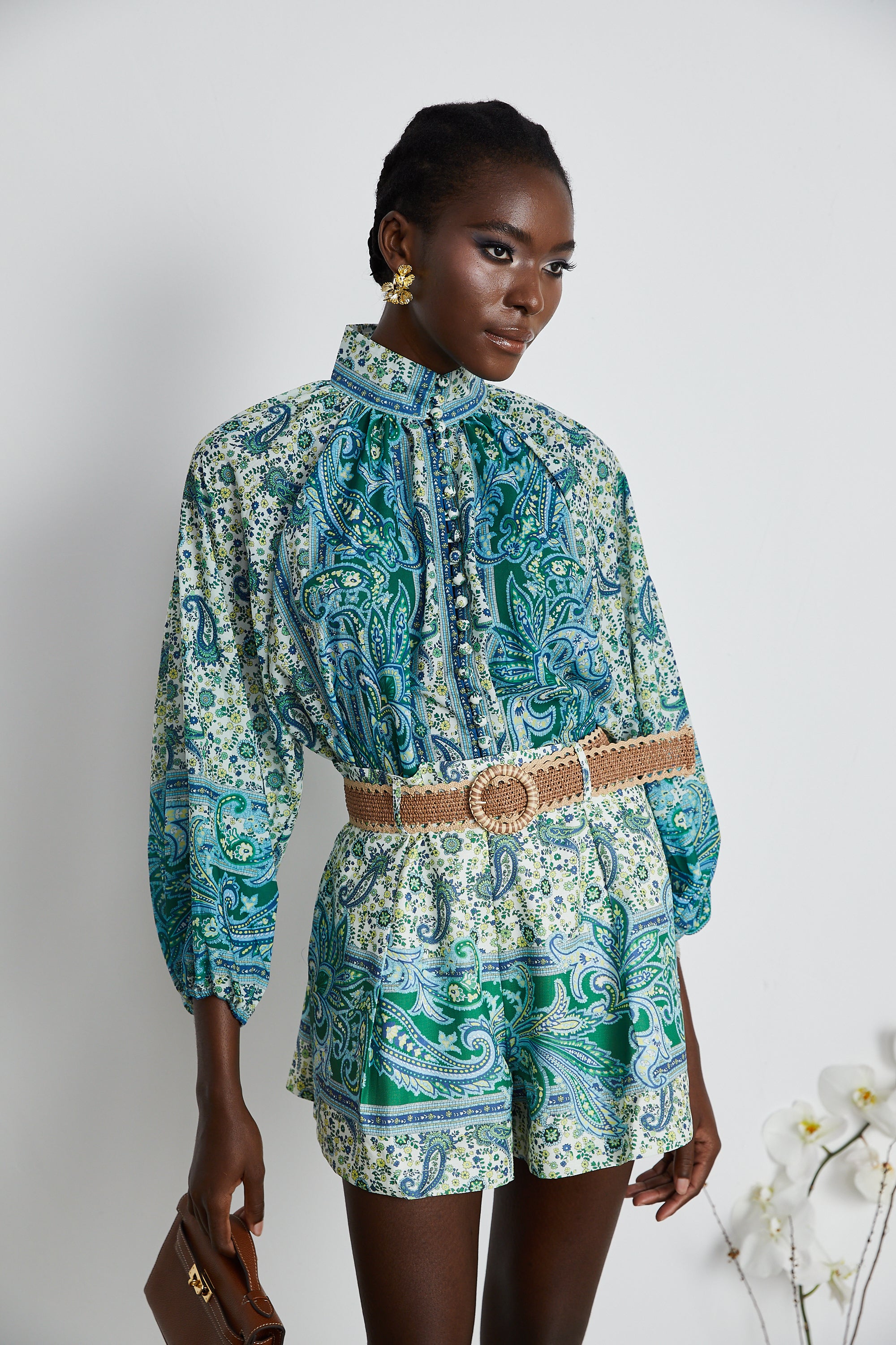 Louise green paisley shirt & shorts matching set