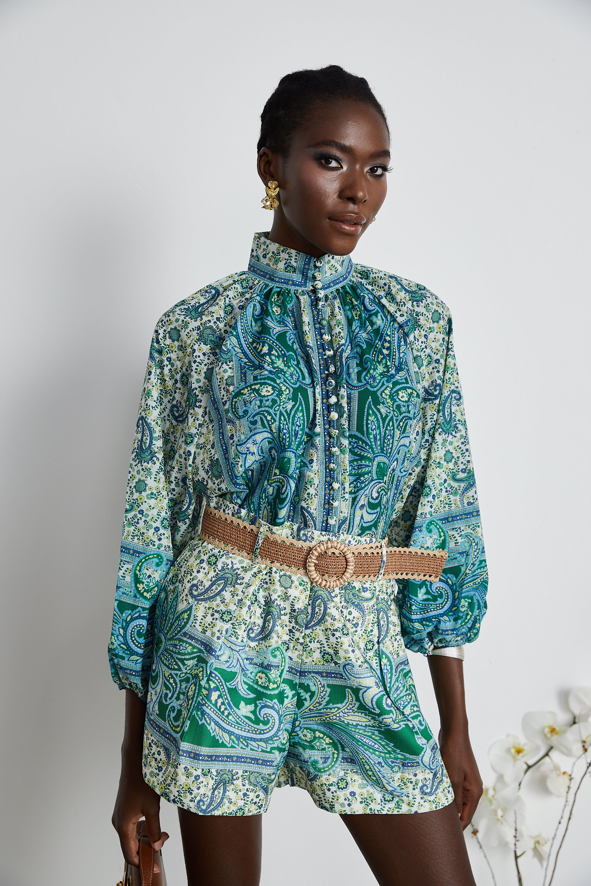 Louise green paisley shirt & shorts matching set