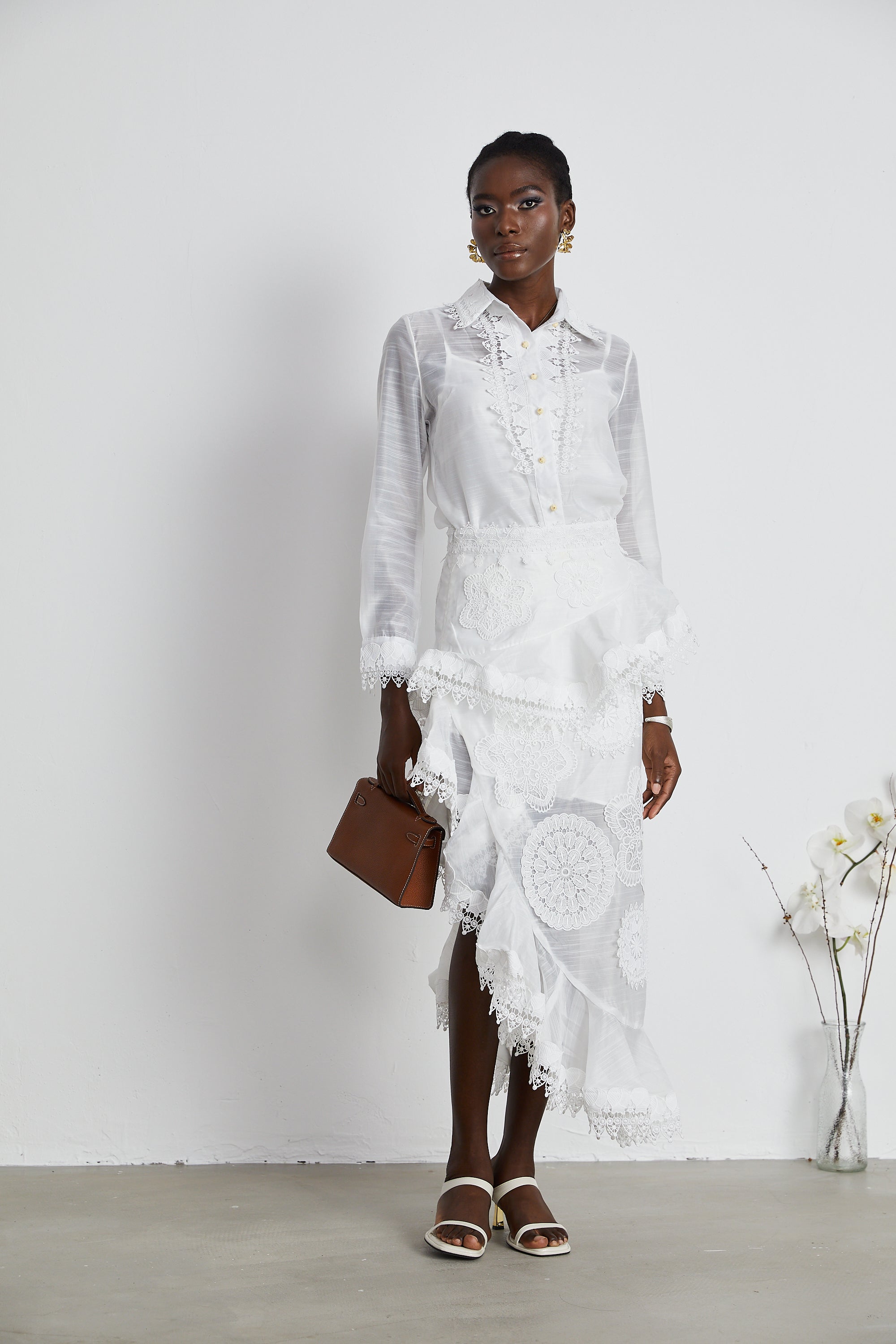 Renée white semi-sheer shirt & skirt matching set