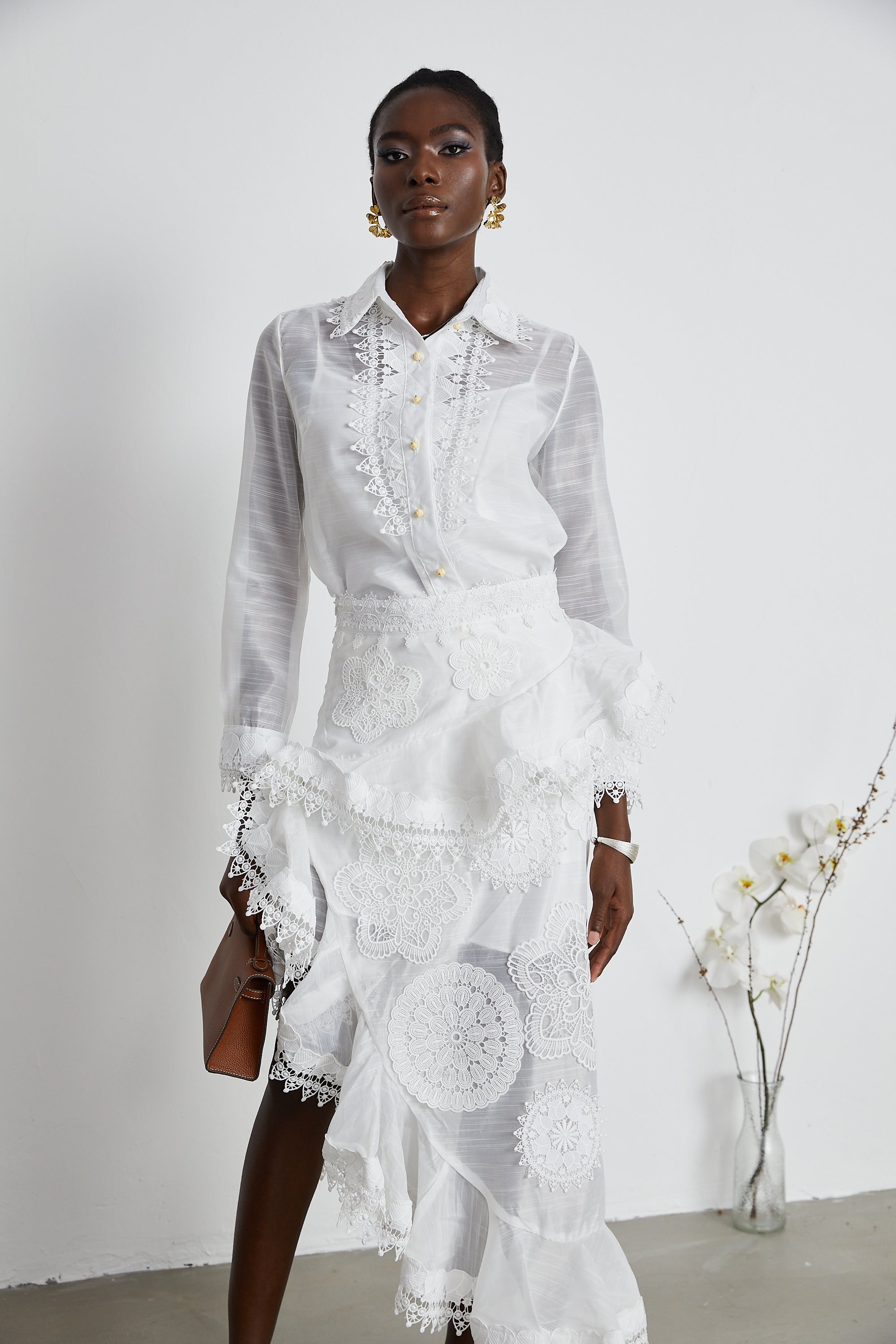 Renée white semi-sheer shirt & skirt matching set