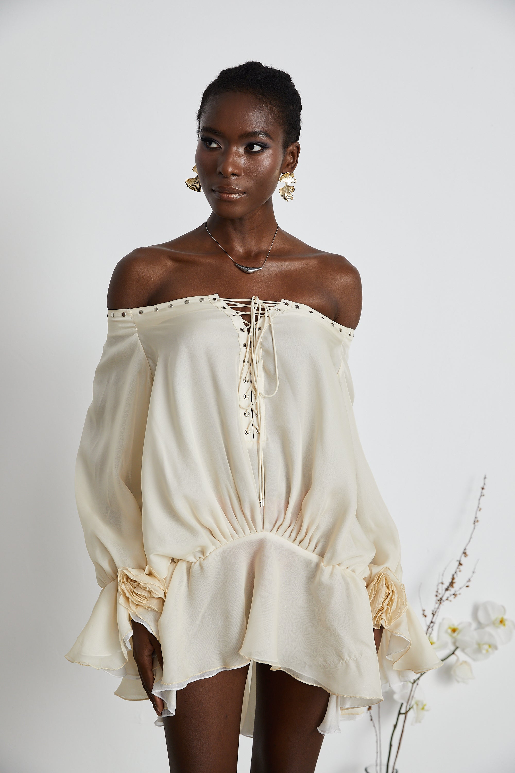 Lisette off-shoulder chiffon mini dress