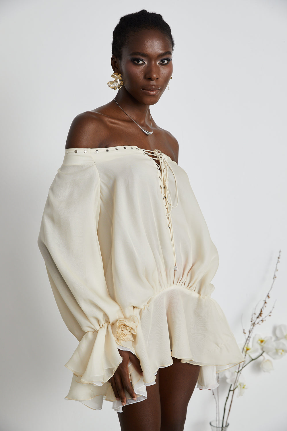 Off the Shoulder Chiffon Floor-Length Dress with Slit Chocolate