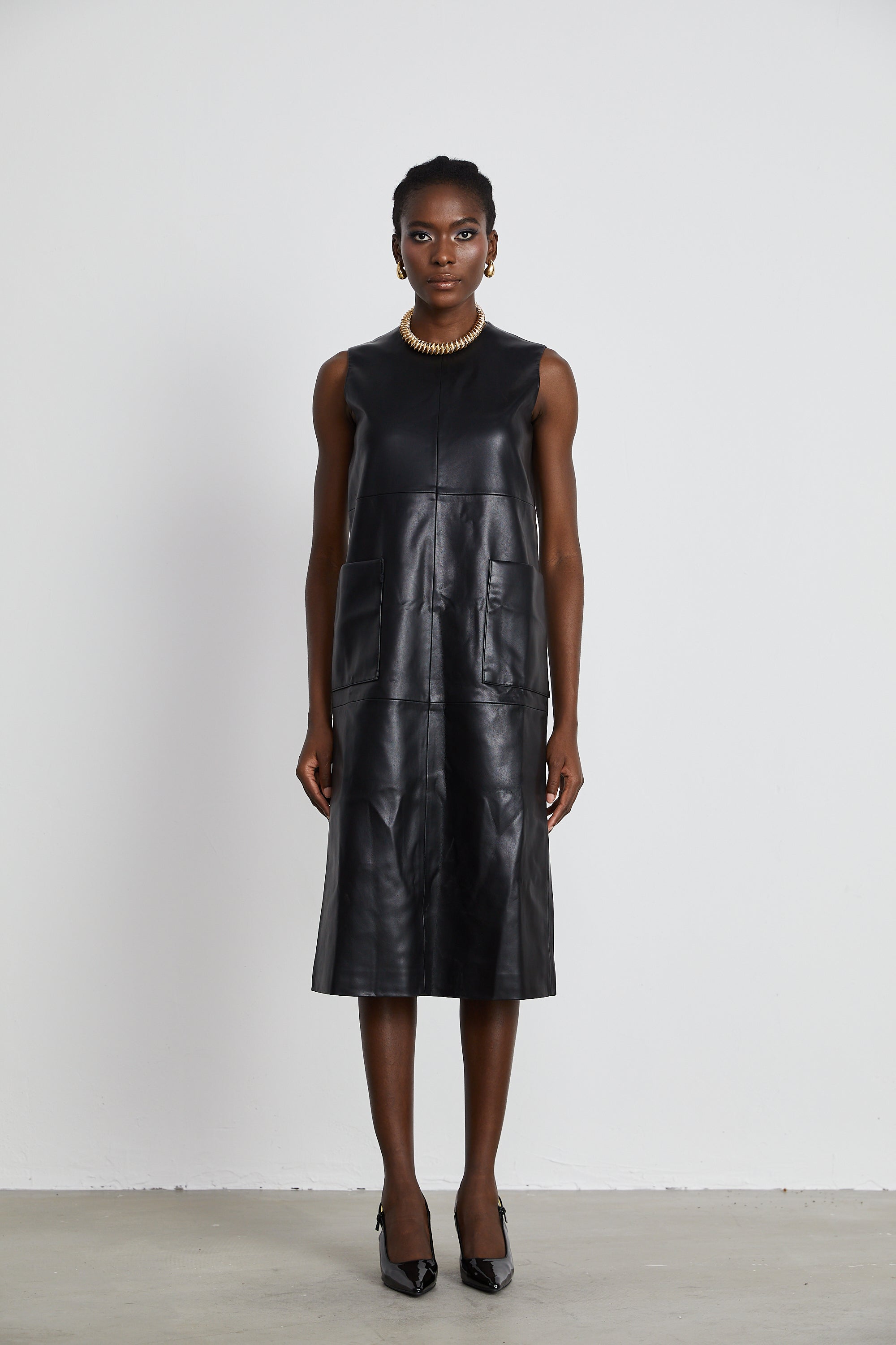 Margot black leather midi dress