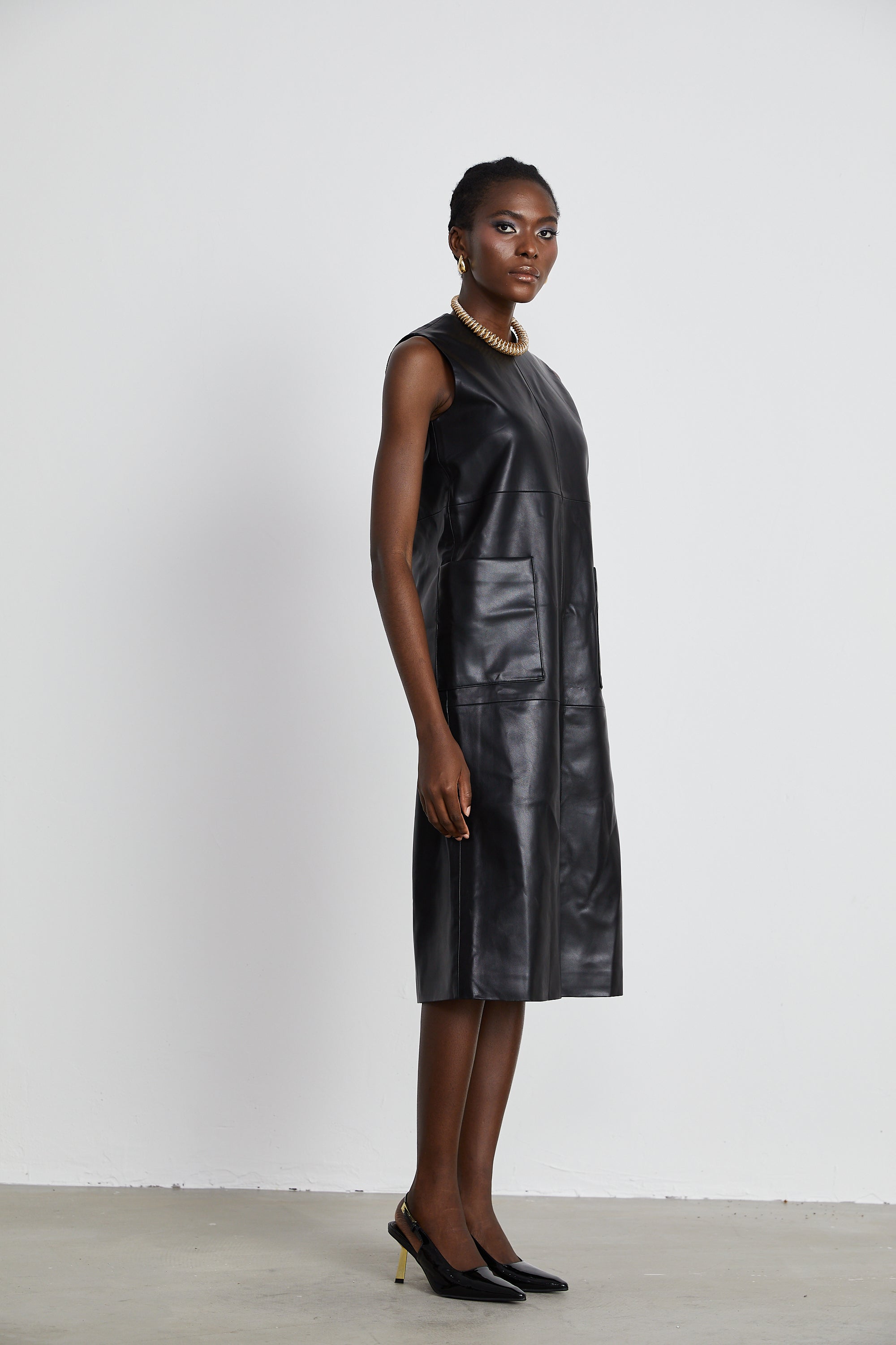 Margot black leather midi dress