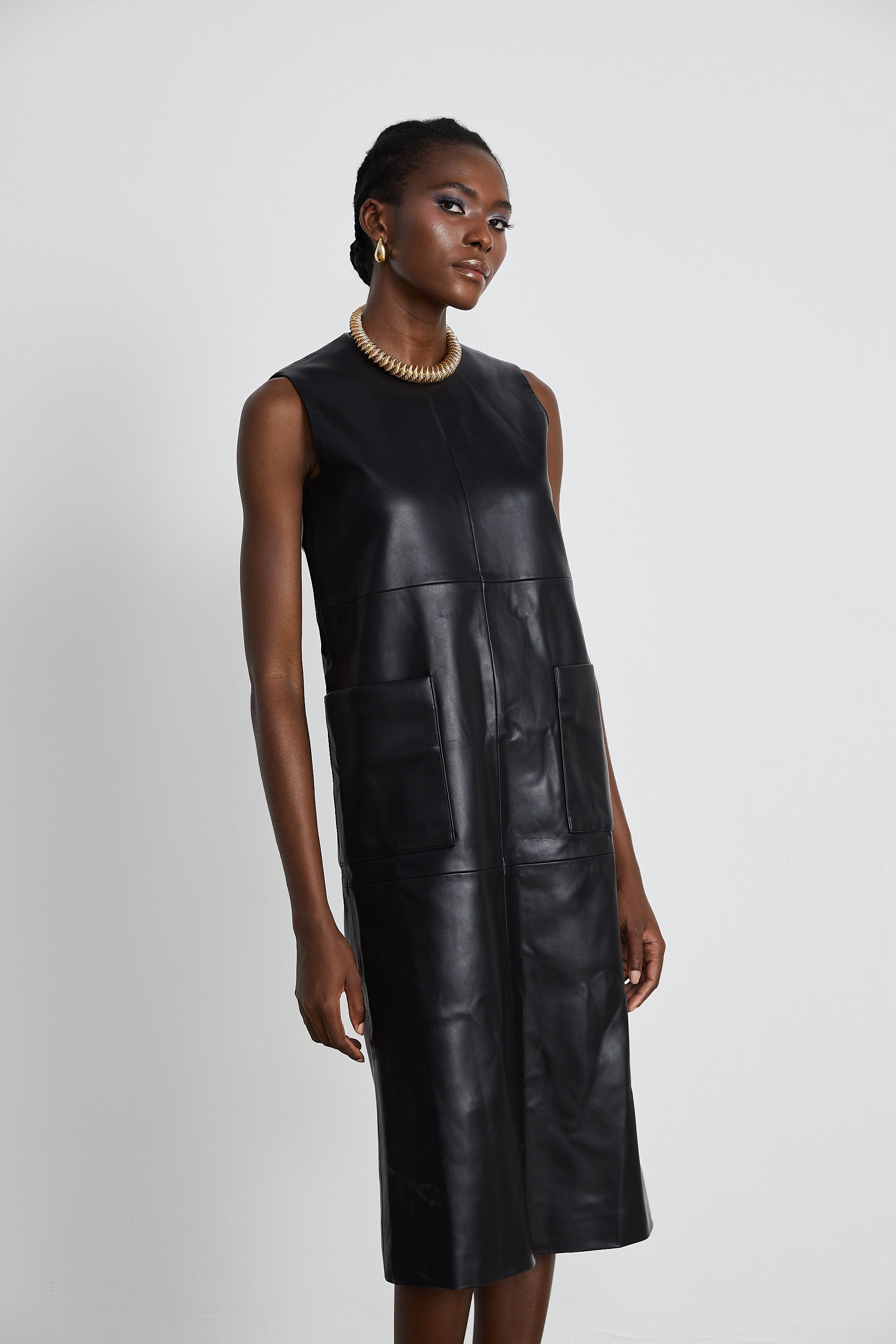 Margot black leather midi dress