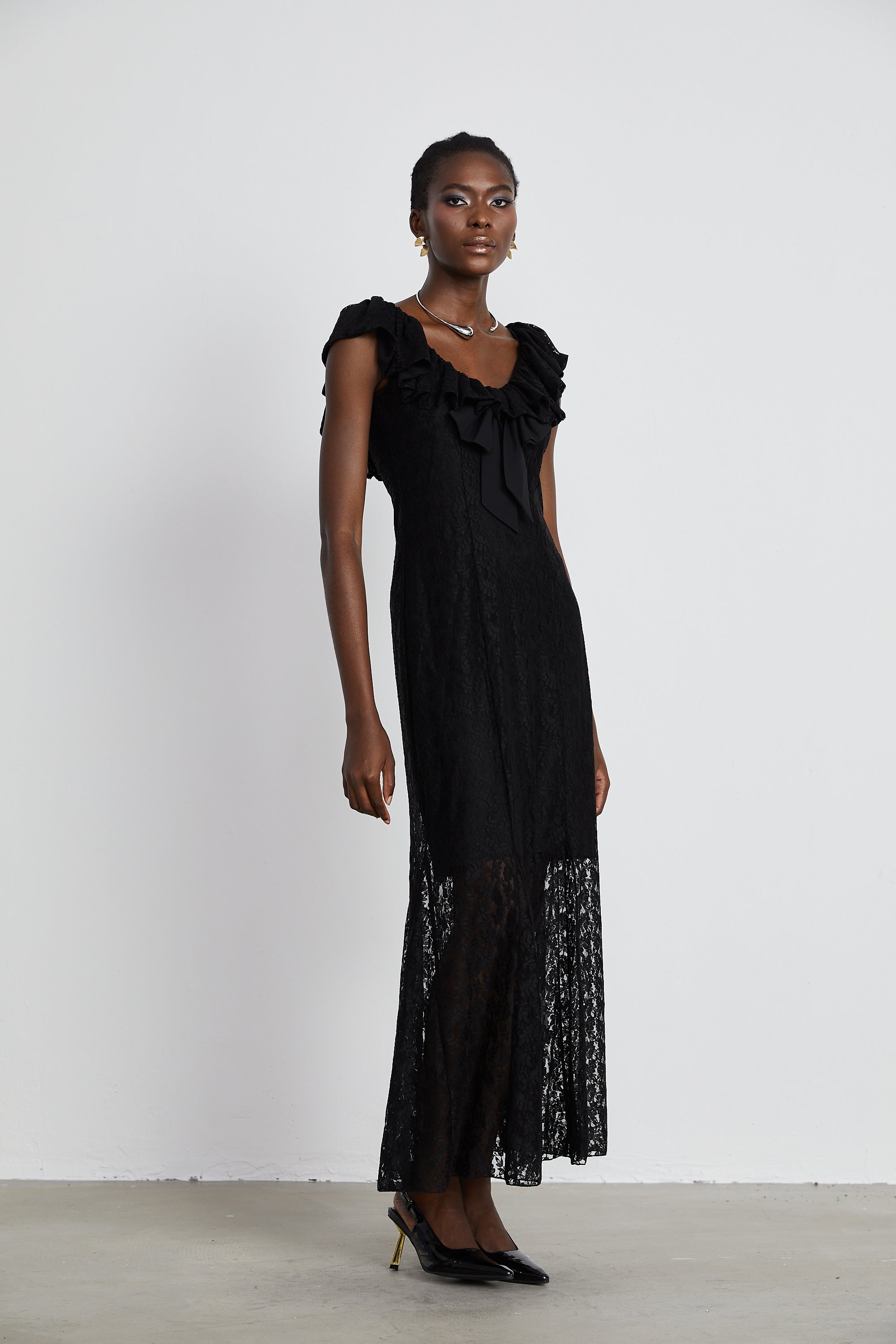 Roseline ruffled-trim floral-lace gown