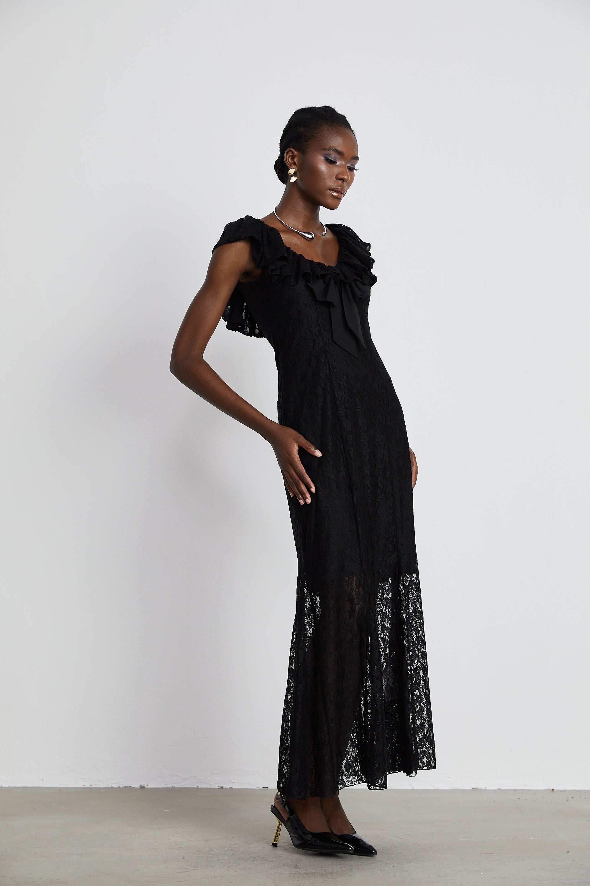 Roseline ruffled-trim floral-lace gown