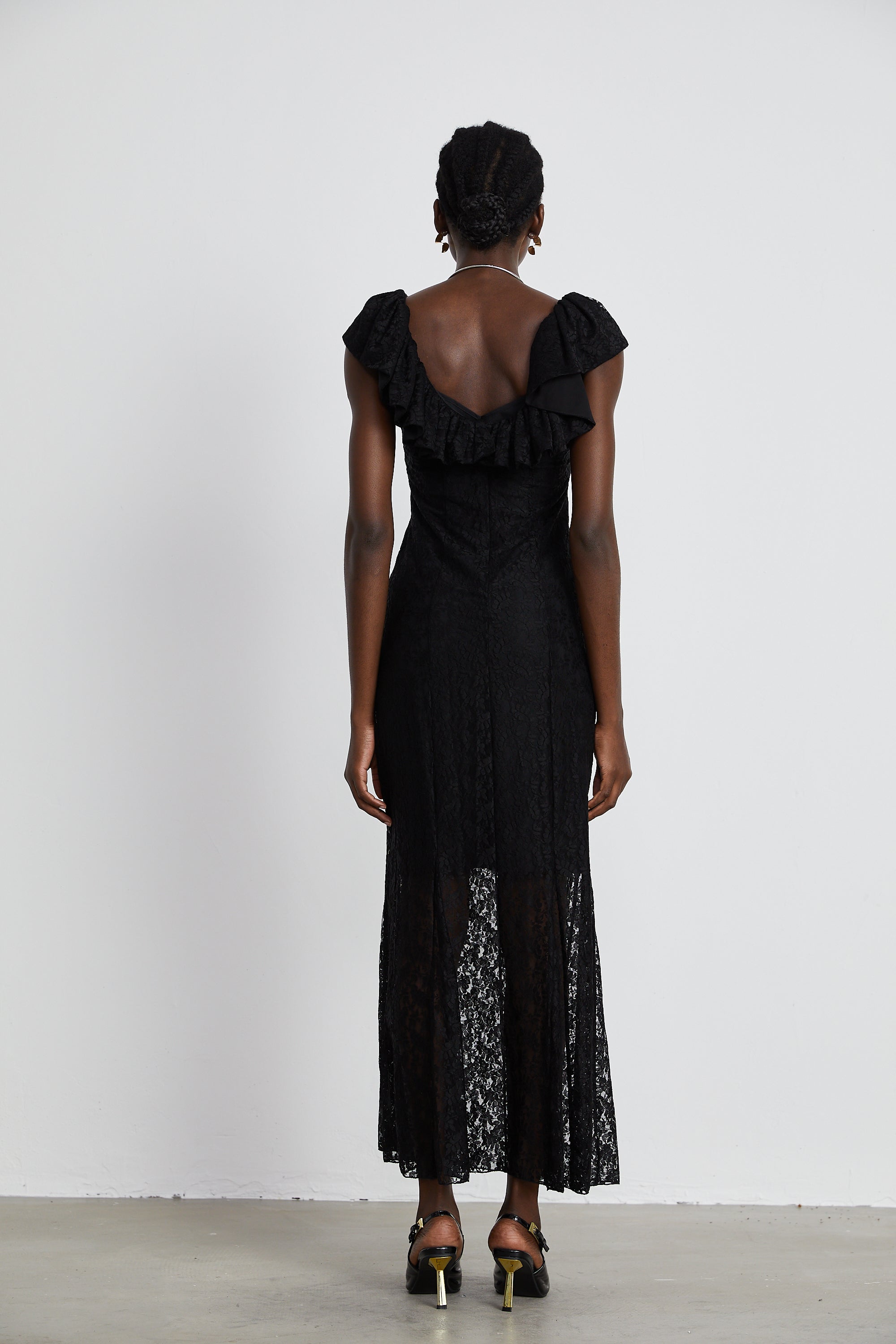 Roseline ruffled-trim floral-lace gown