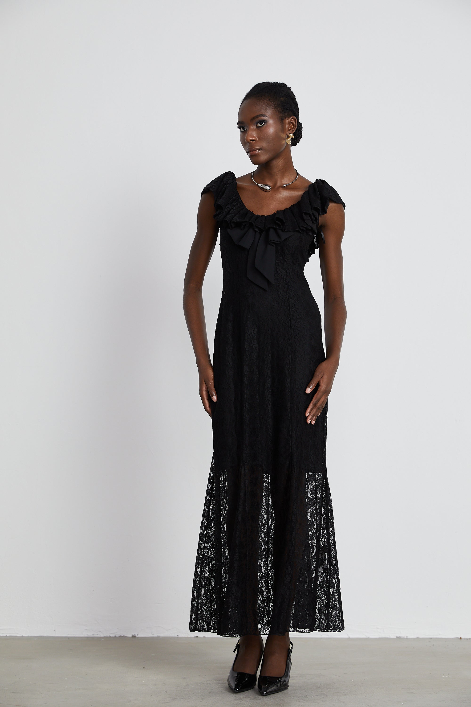 Roseline ruffled-trim floral-lace gown