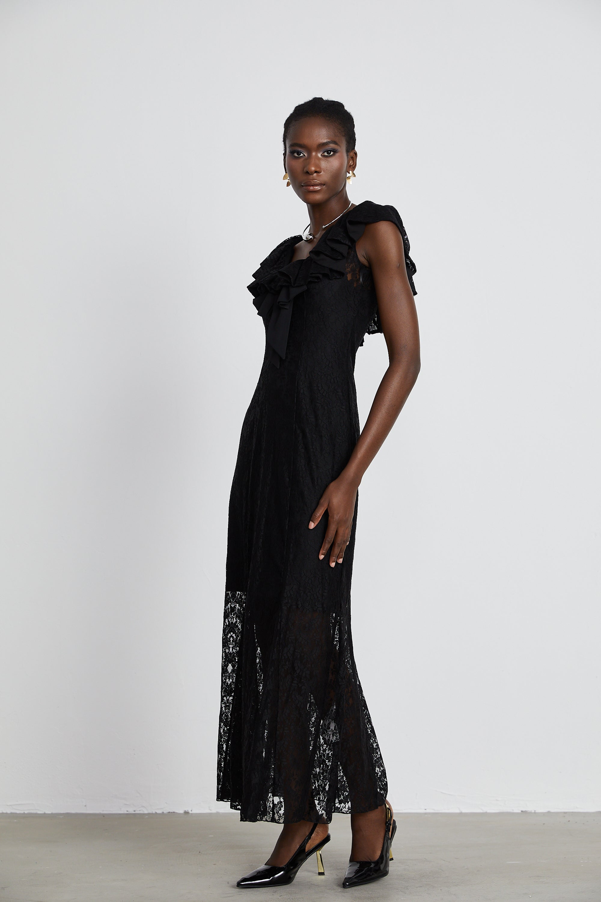 Roseline ruffled-trim floral-lace gown