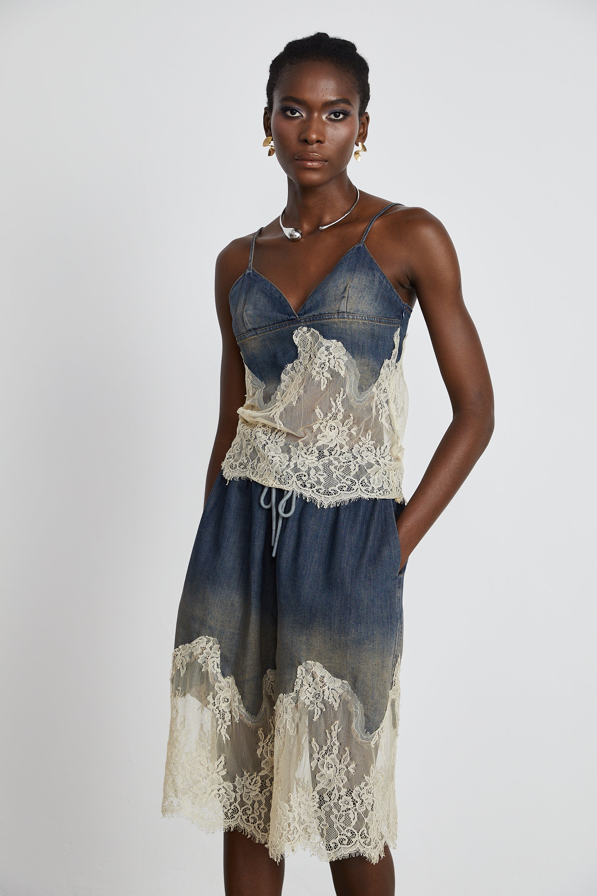 Sylvie lace-detail denim top & shorts matching set