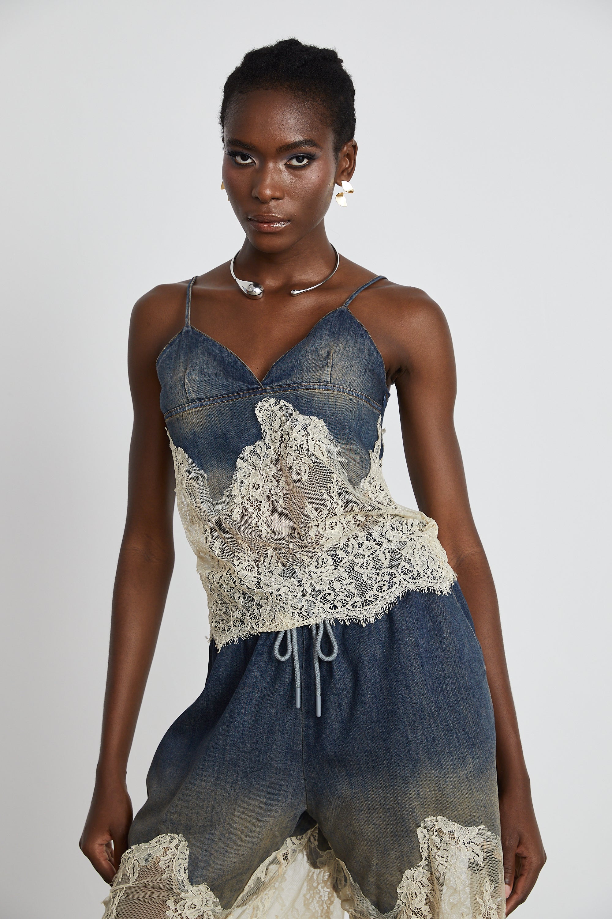 Sylvie lace-detail denim top & shorts matching set