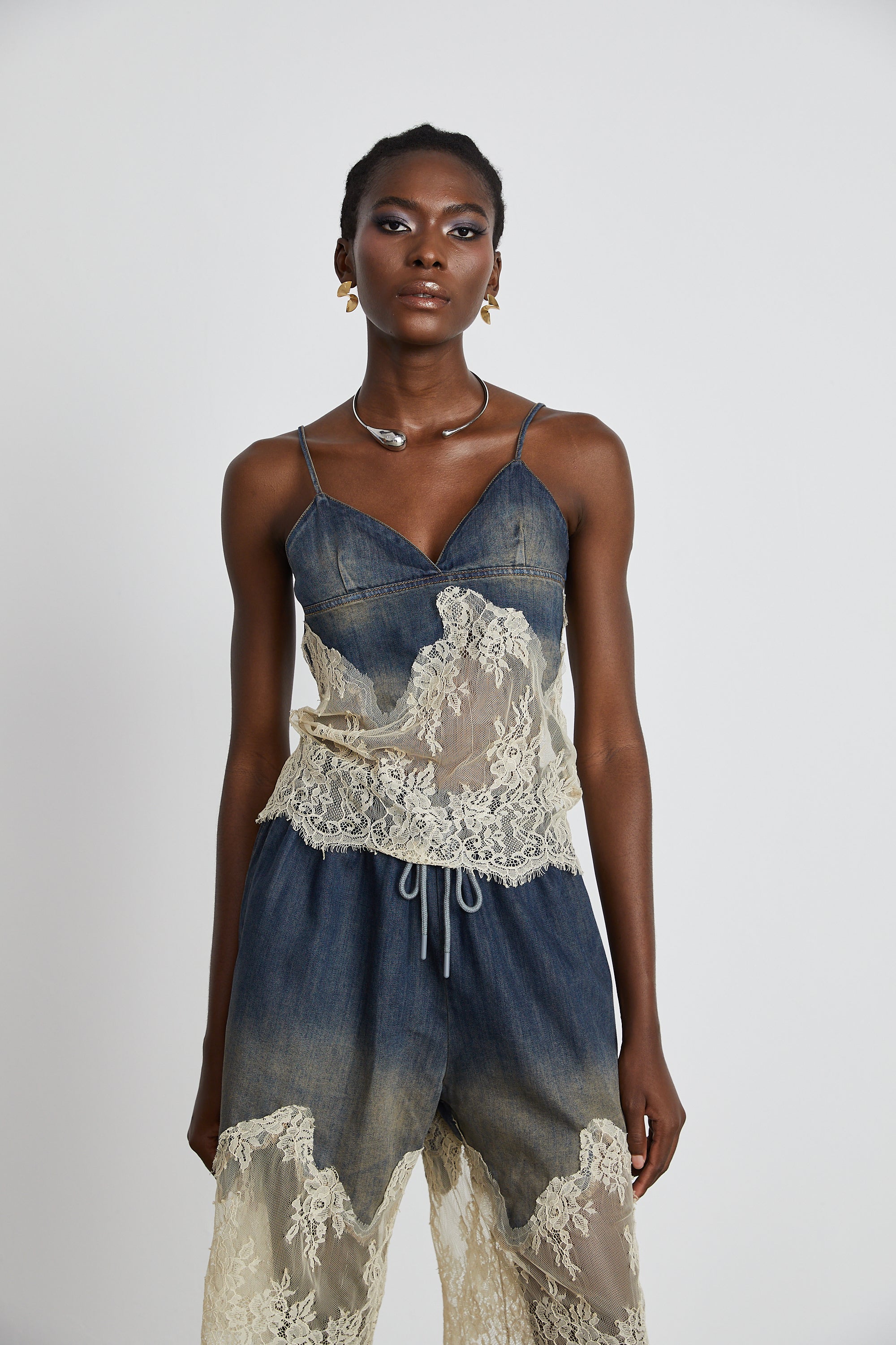 Sylvie lace-detail denim top & shorts matching set