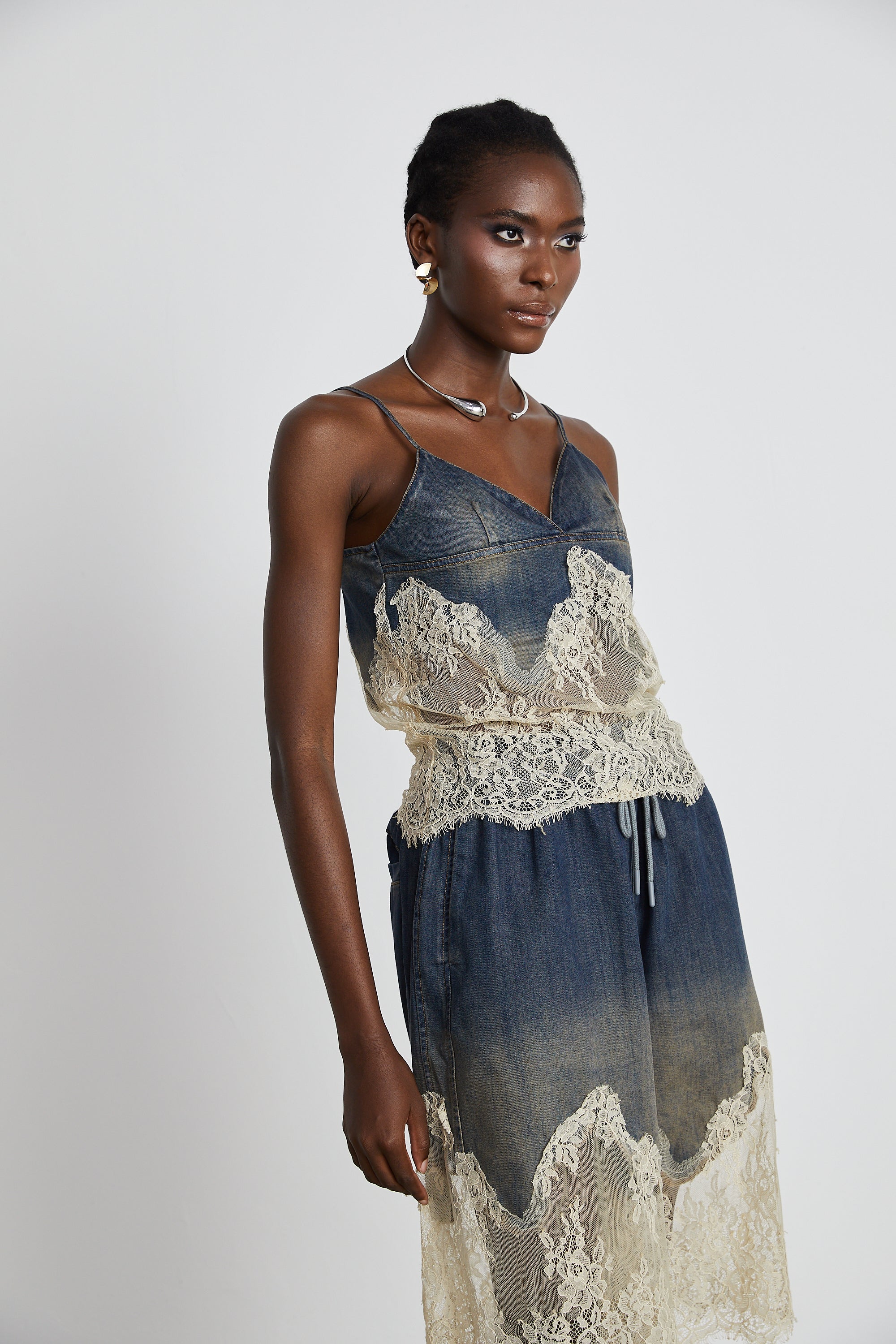 Sylvie lace-detail denim top & shorts matching set