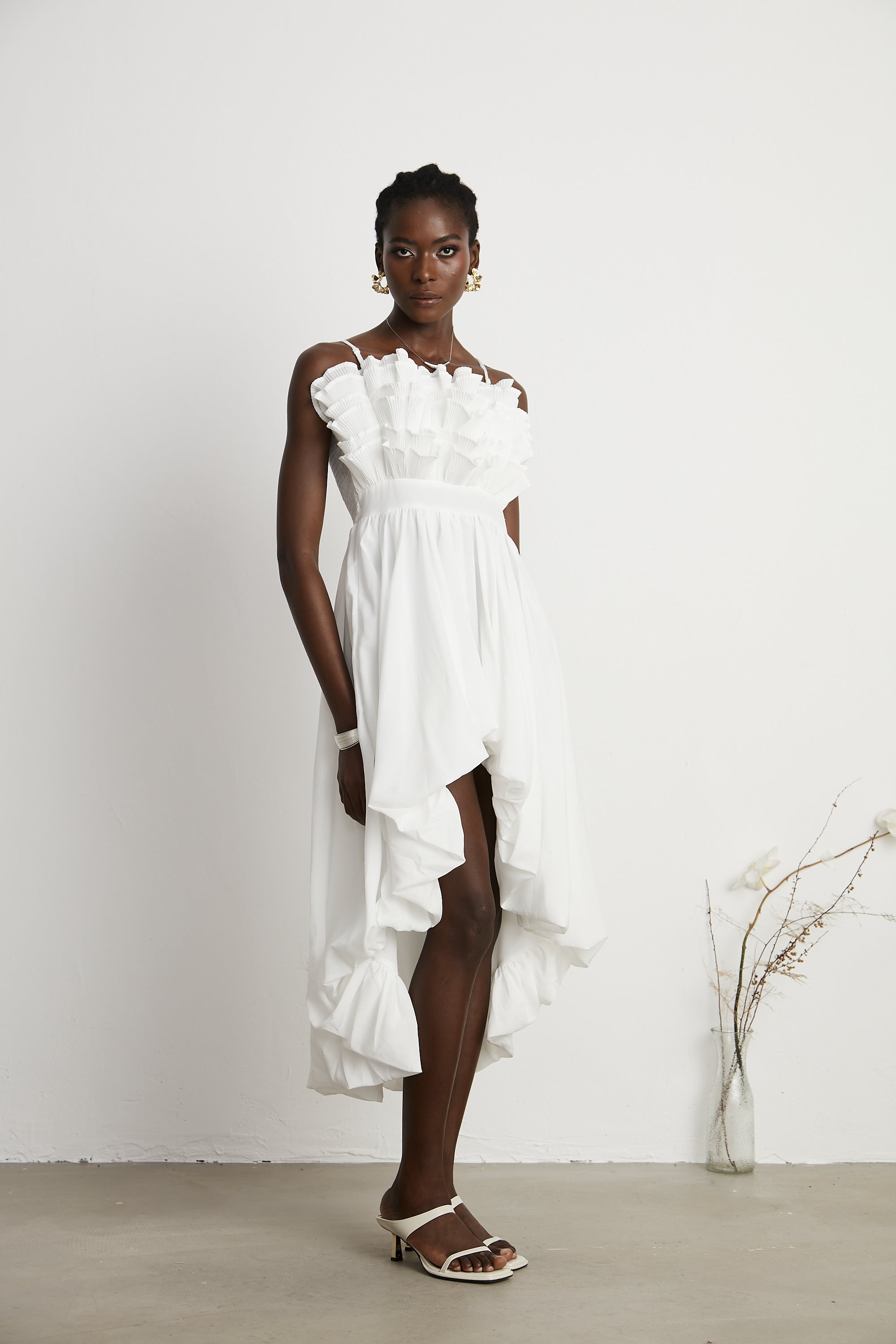 Raphaëlle white ruffled pleated midi dress