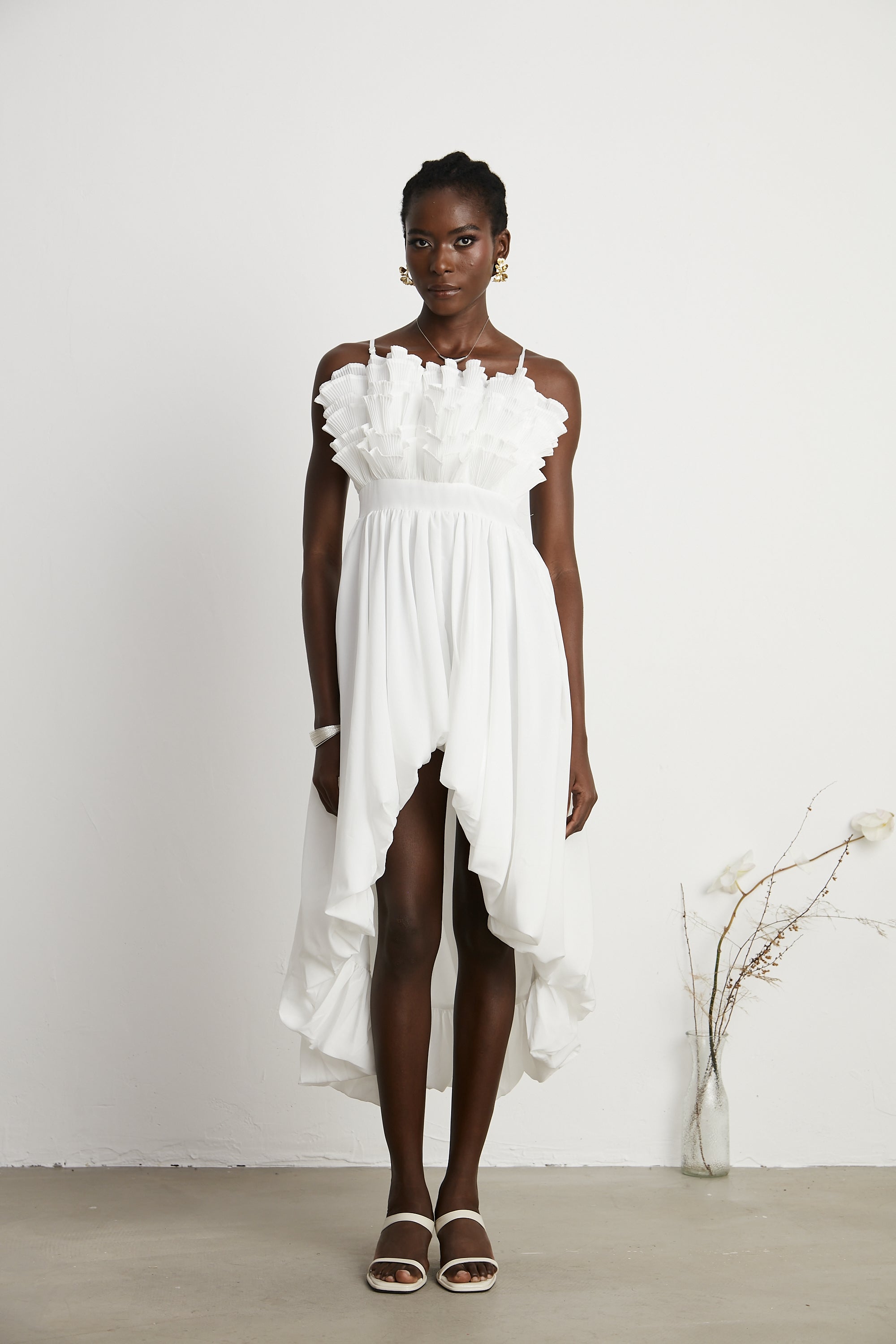 Raphaëlle white ruffled pleated midi dress