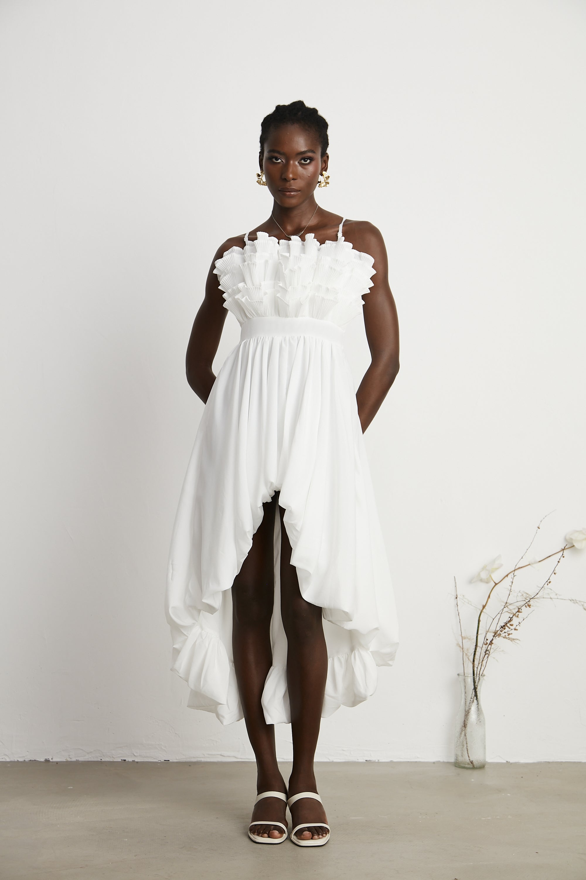 Raphaëlle white ruffled pleated midi dress