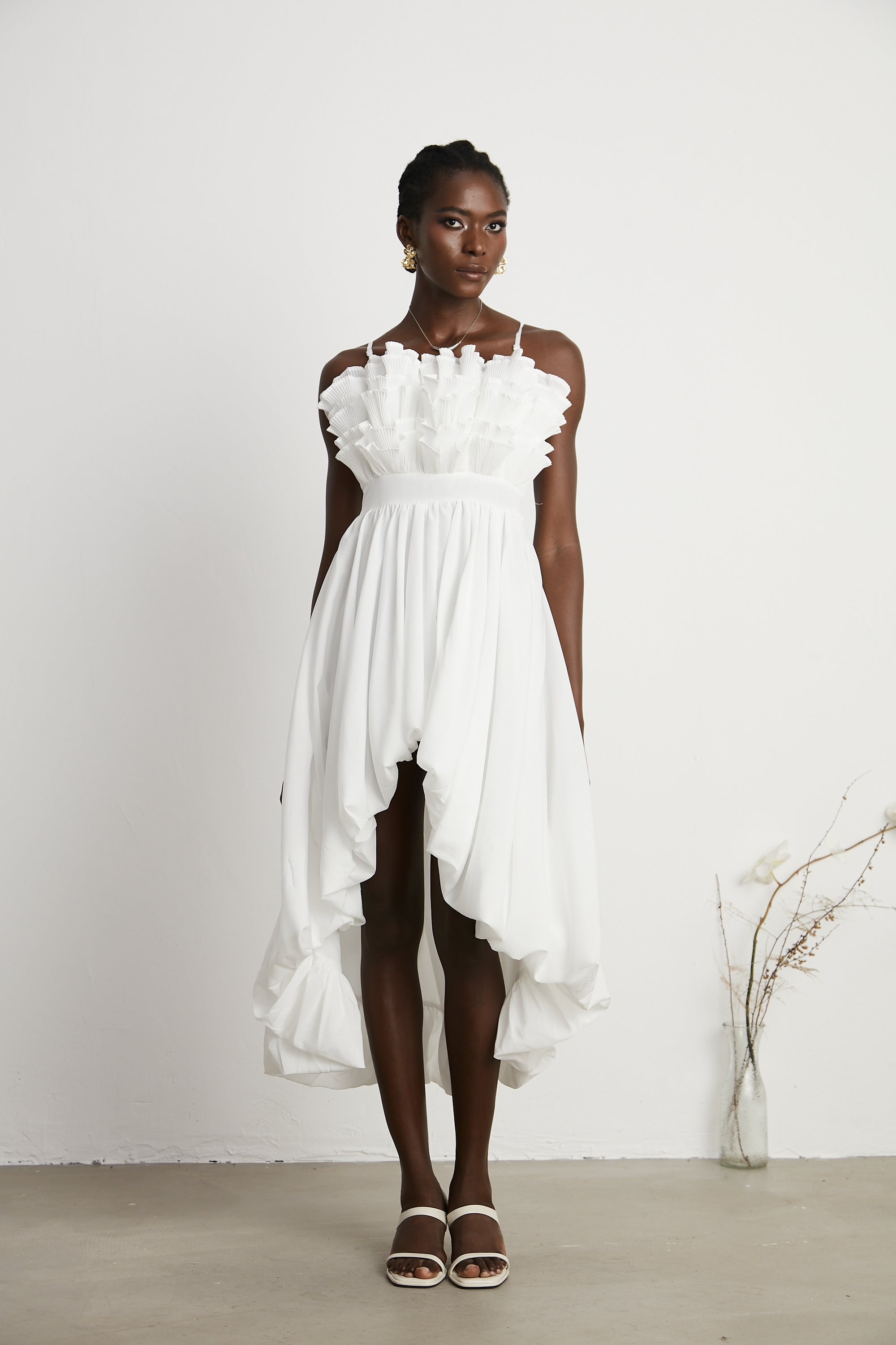 Raphaëlle white ruffled pleated midi dress