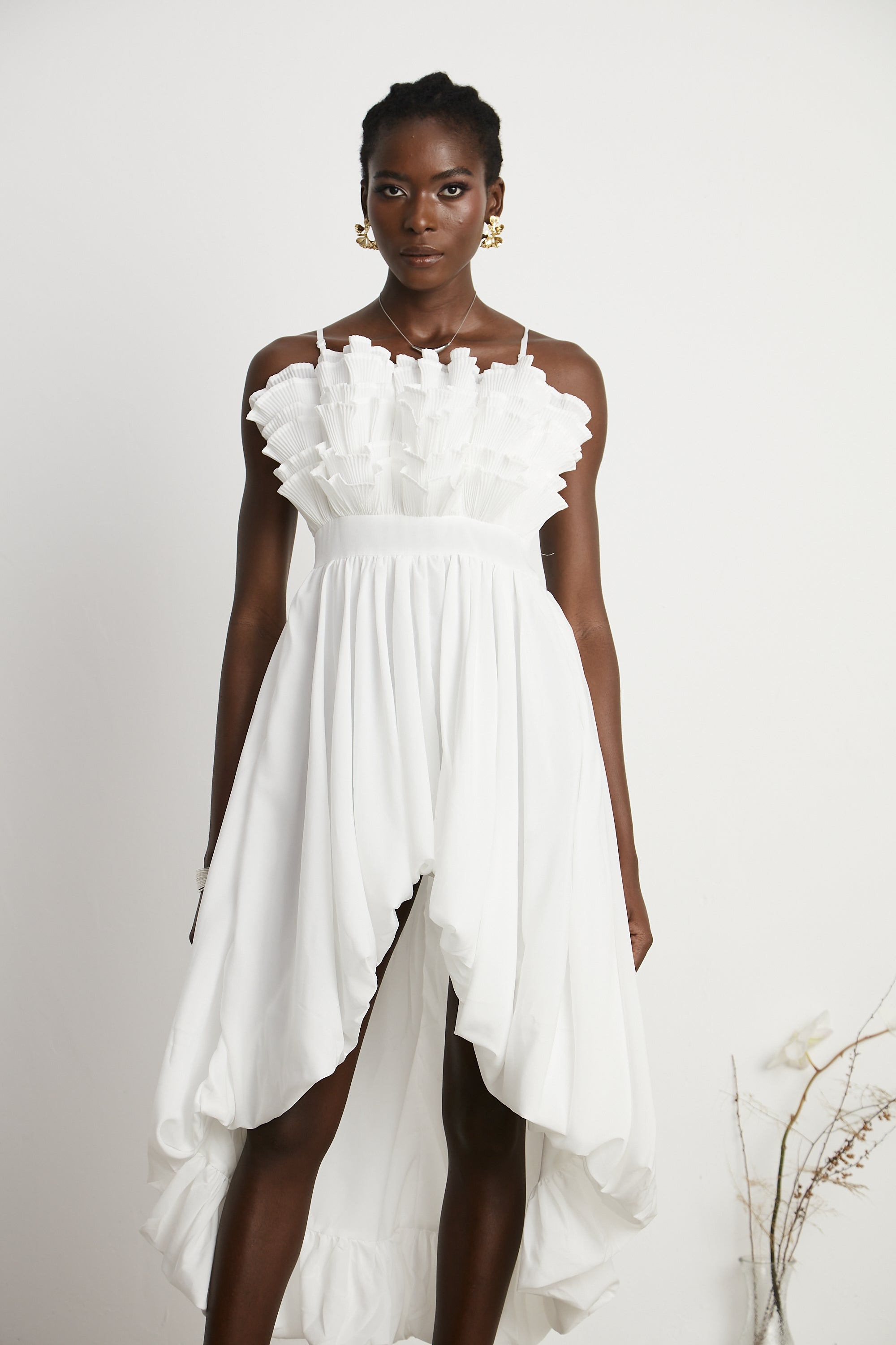 Raphaëlle white ruffled pleated midi dress