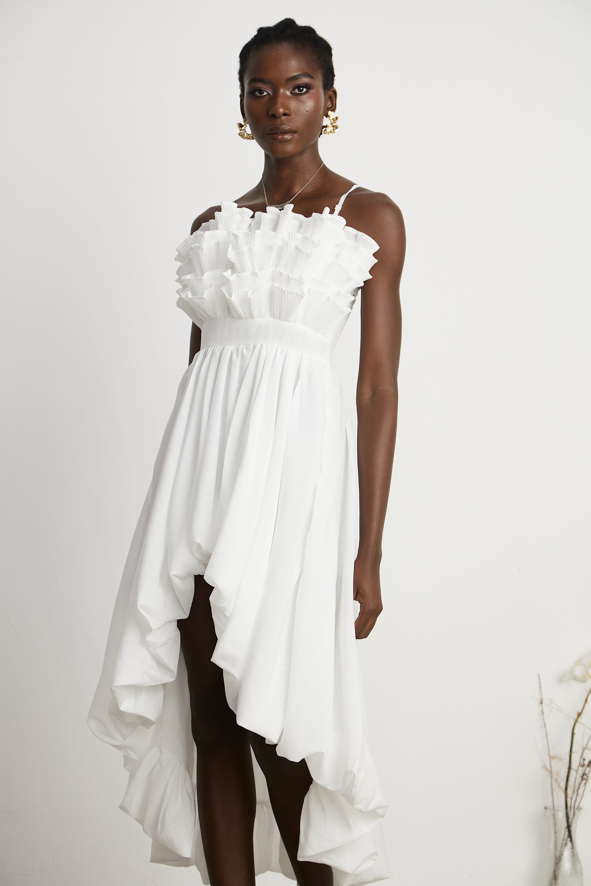 Raphaëlle white ruffled pleated midi dress