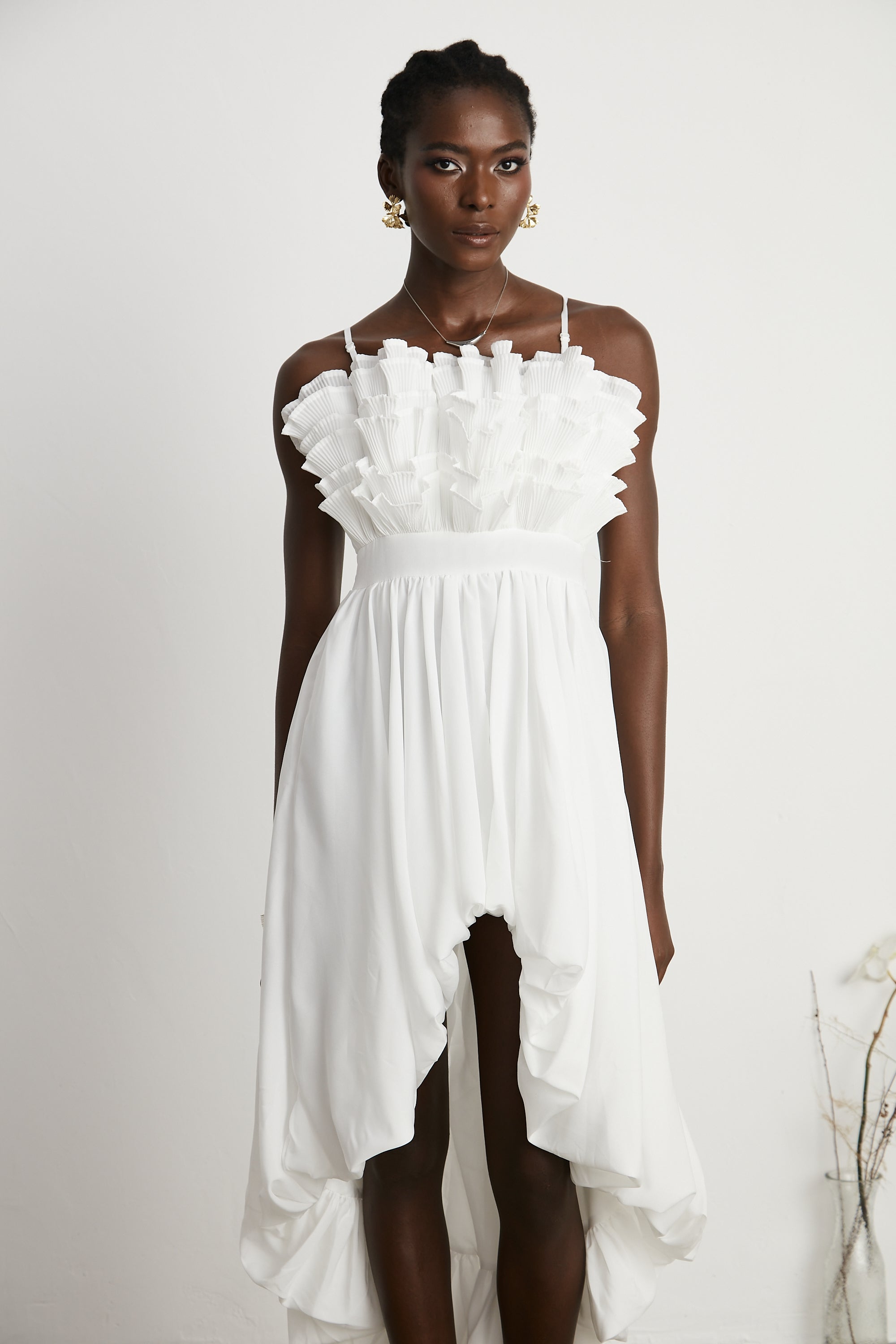 Raphaëlle white ruffled pleated midi dress