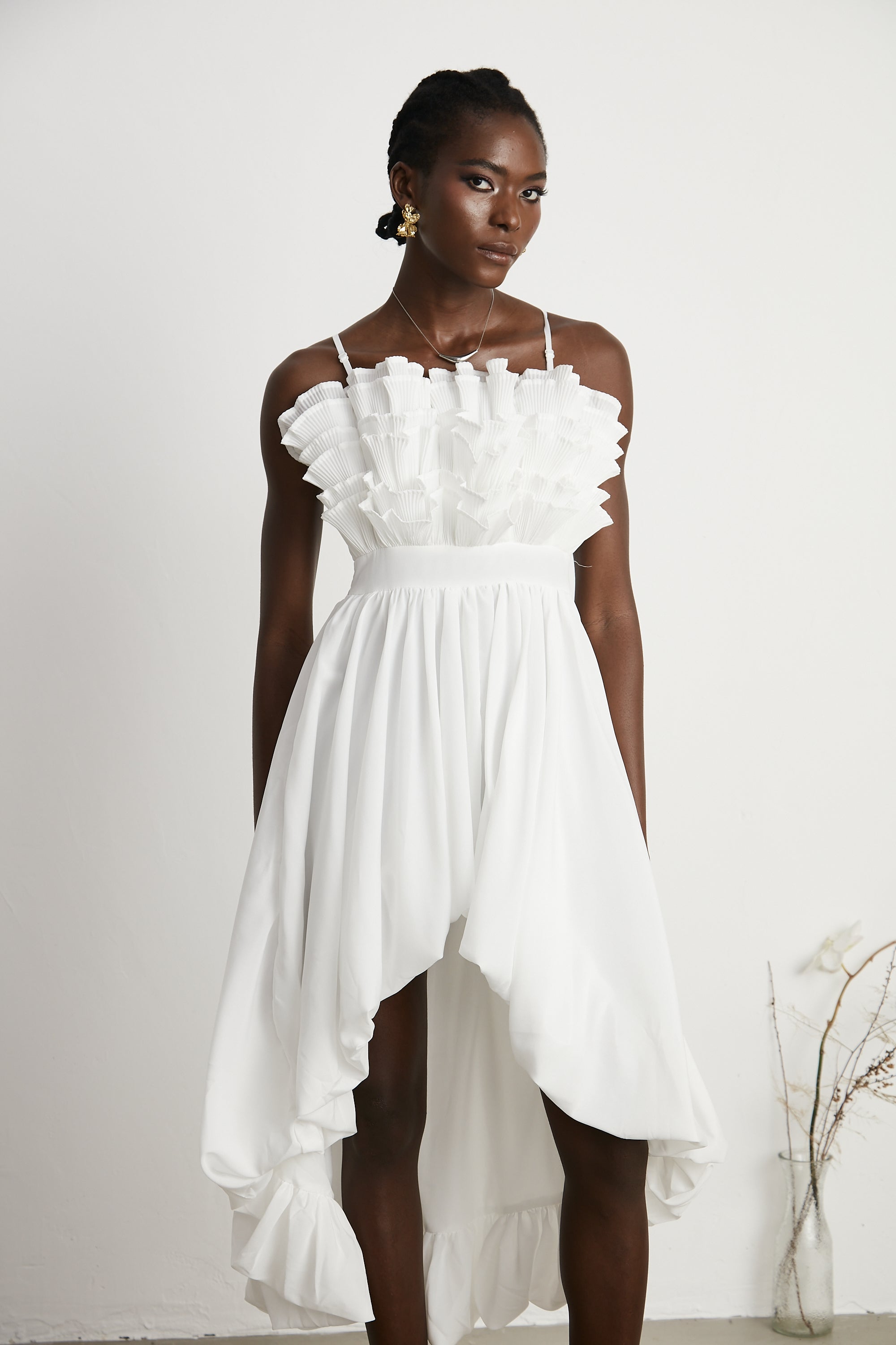 Raphaëlle white ruffled pleated midi dress