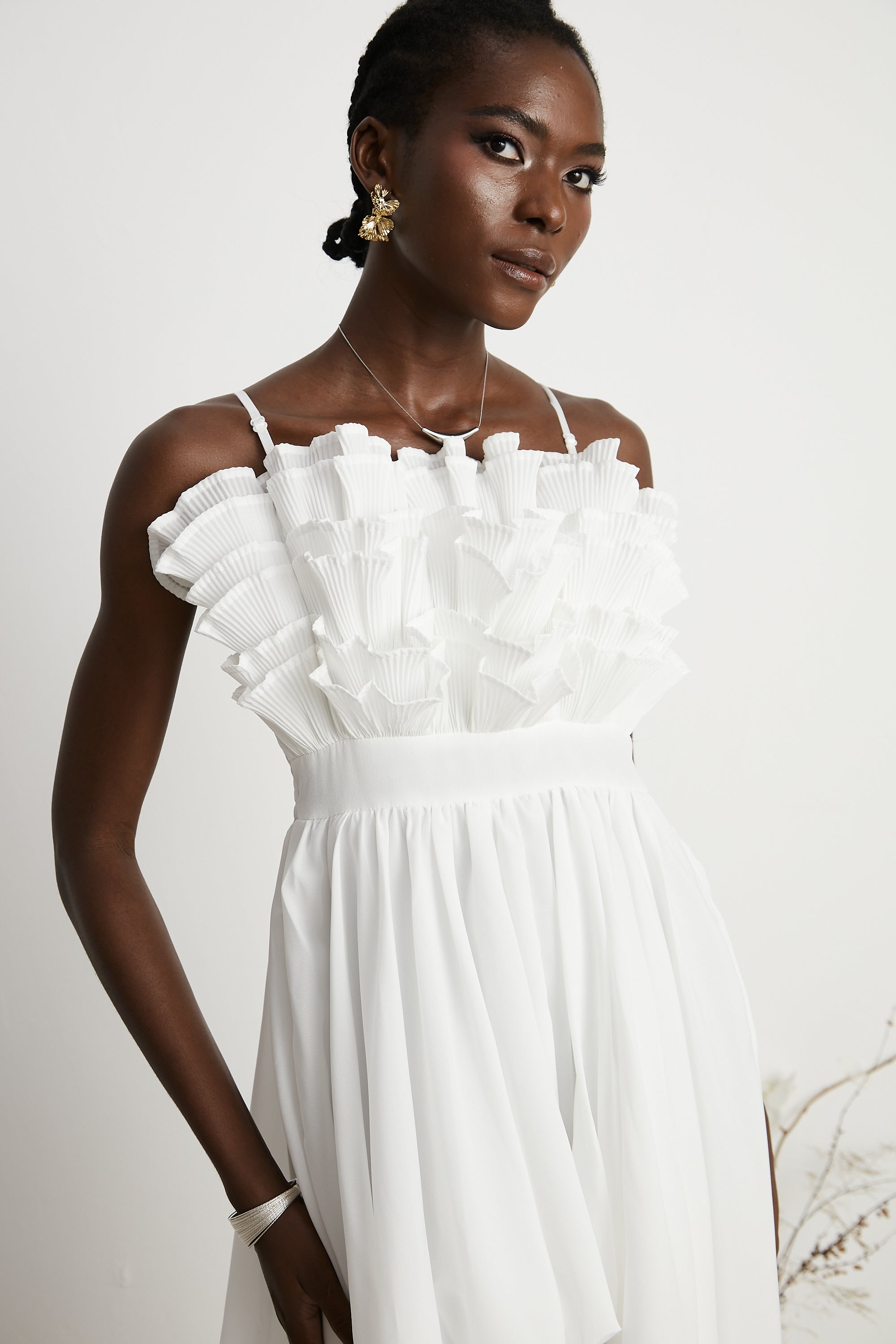 Raphaëlle white ruffled pleated midi dress