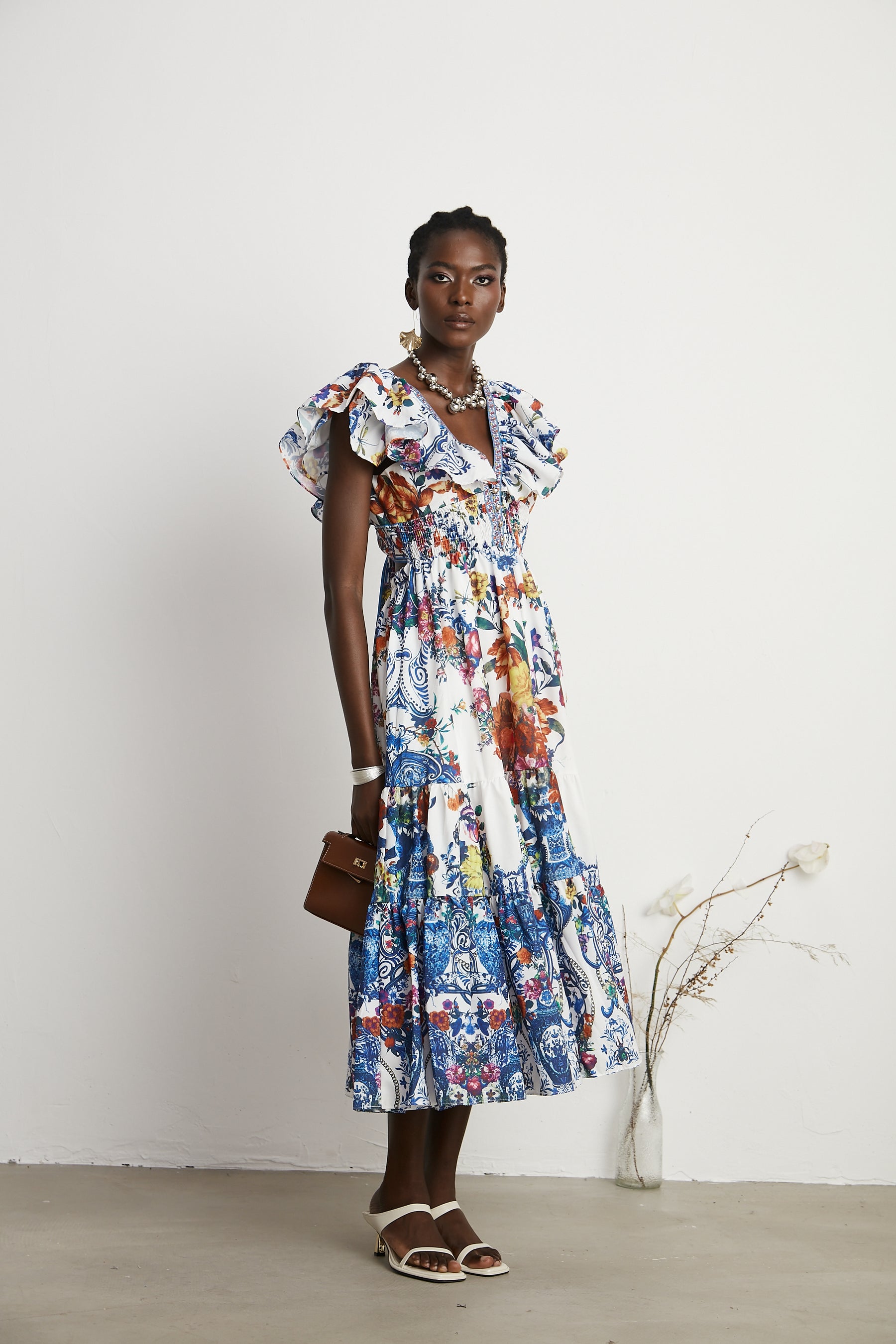 Gaëlle Blue Floral Embroidered Midi Dress