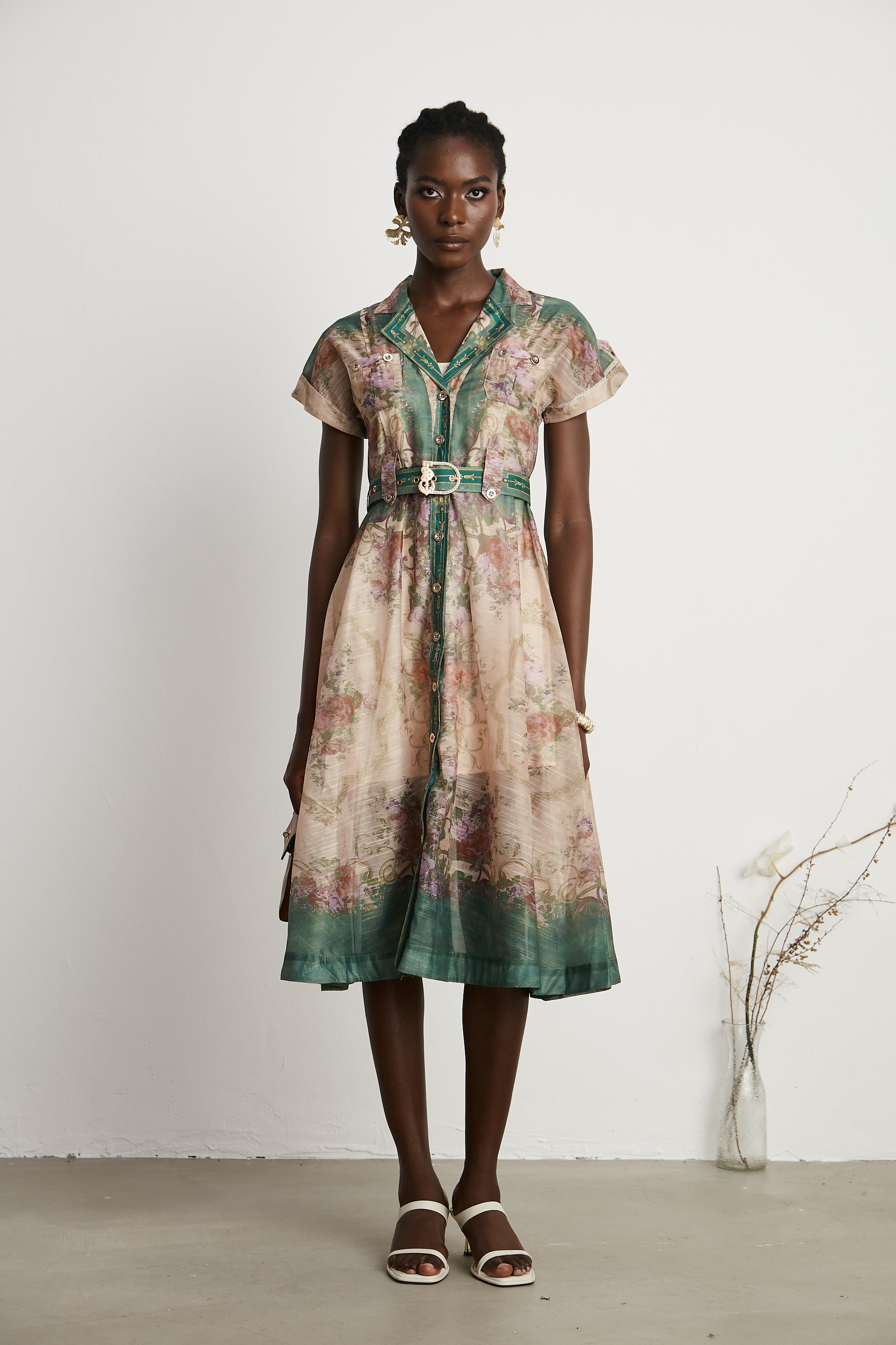 Soleil pattern-print belted midi dress