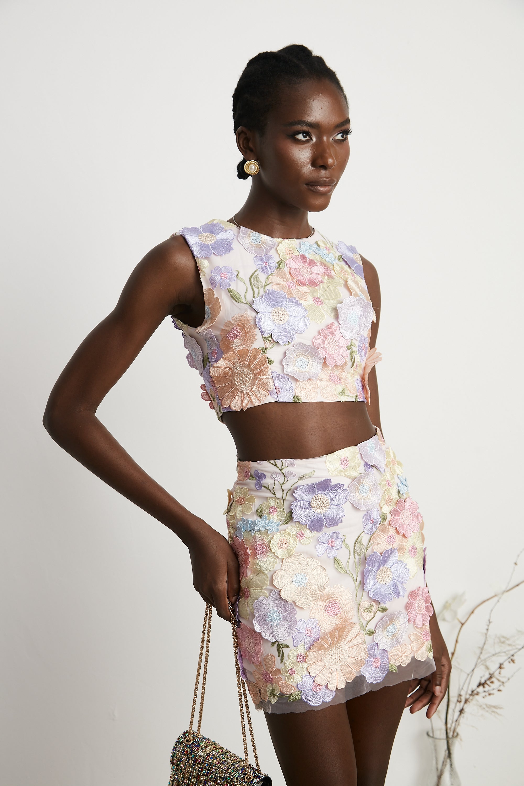 Malika petal embroidered top & skirt matching set
