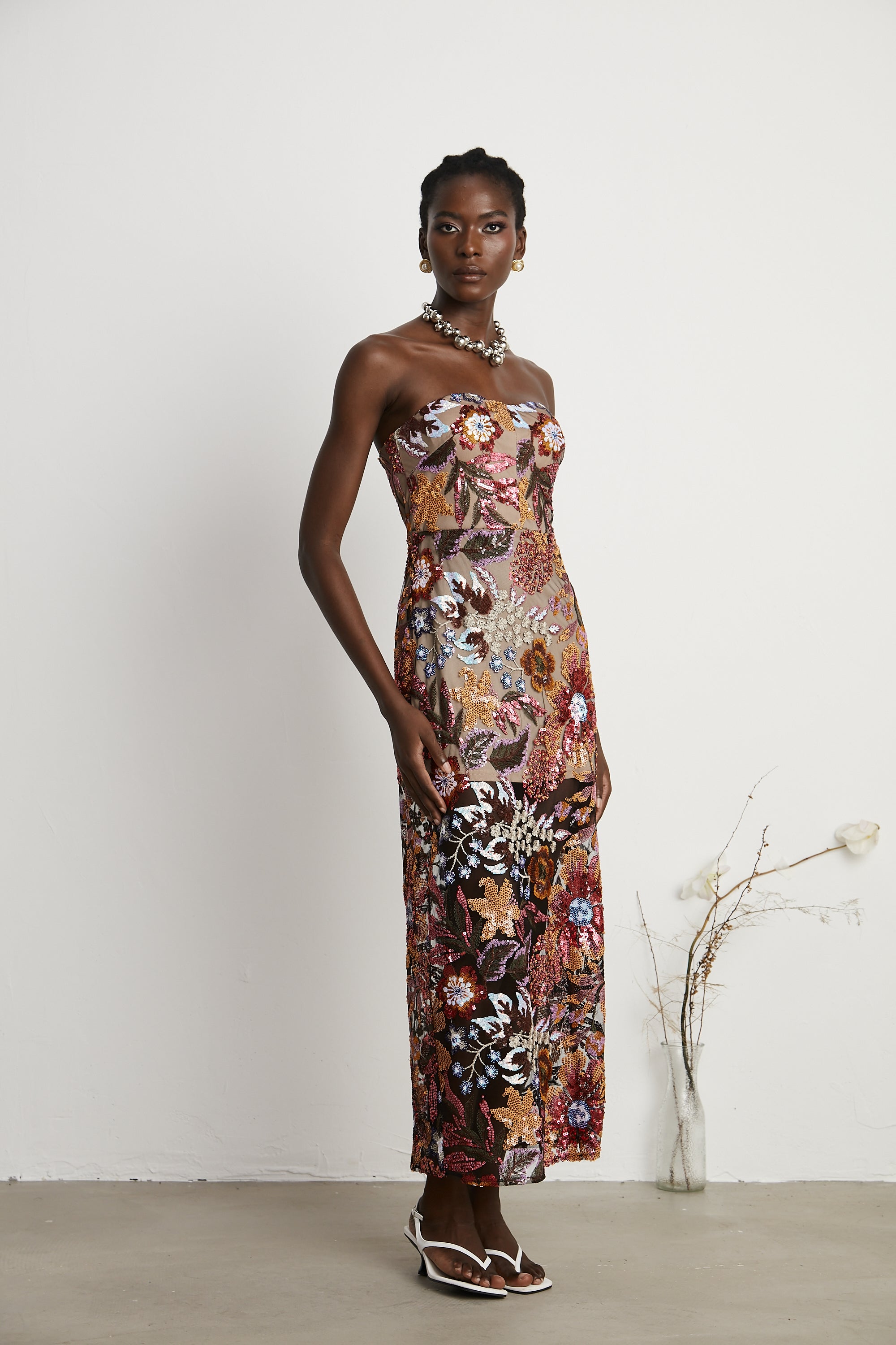 Thérèse sequin-embellished embroidered floral colorful midi dress