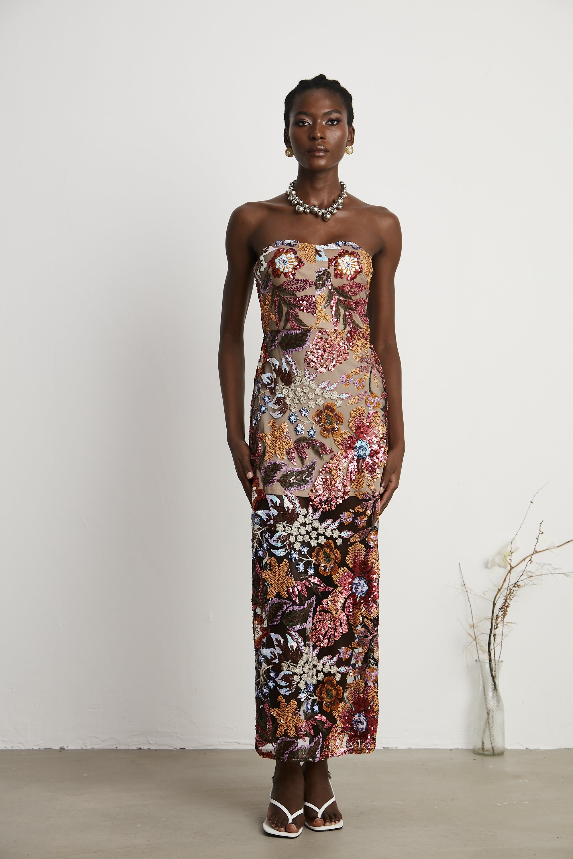 Thérèse sequin-embellished embroidered floral colorful midi dress