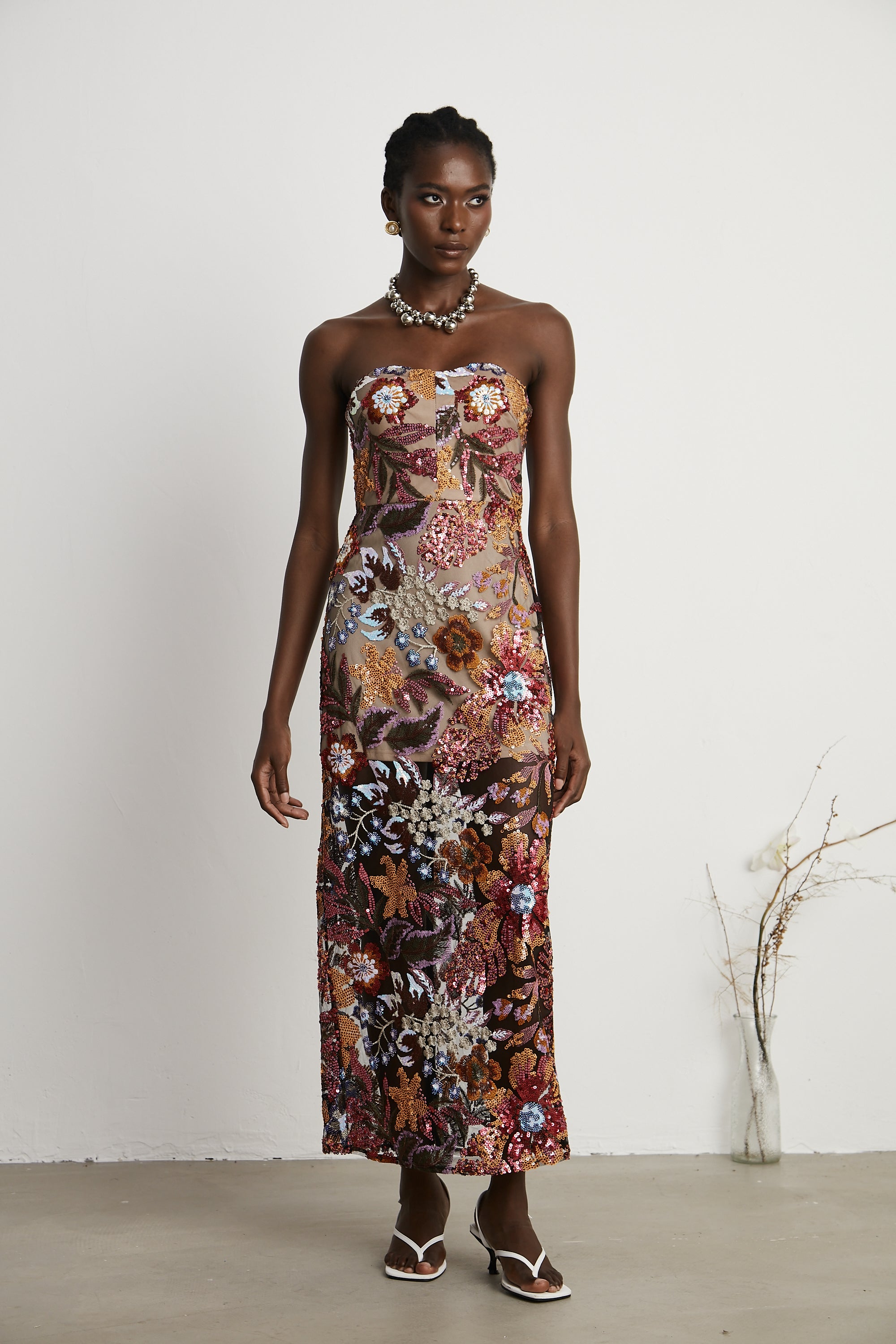 Thérèse sequin-embellished embroidered floral colorful midi dress