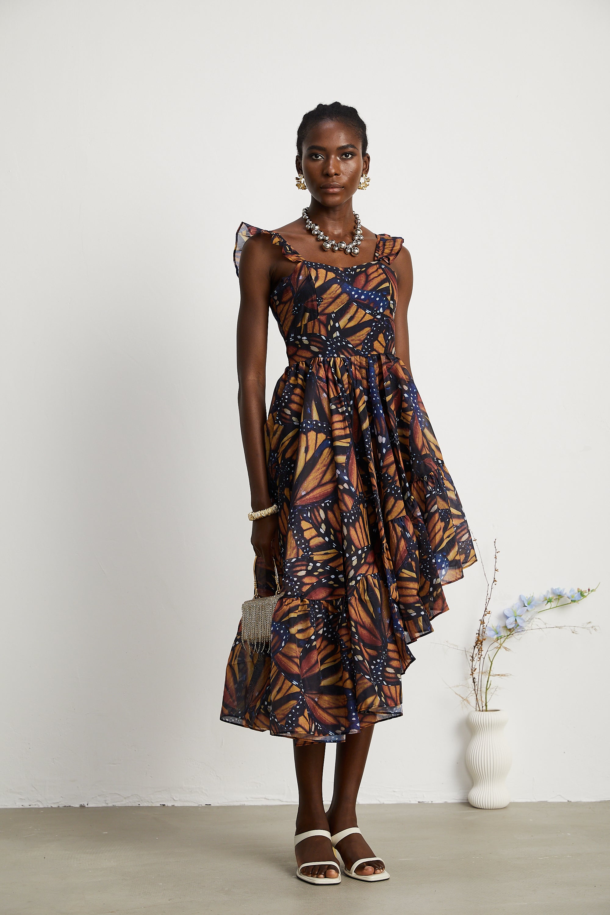 Coralie butterfly-print asymmetric midi dress