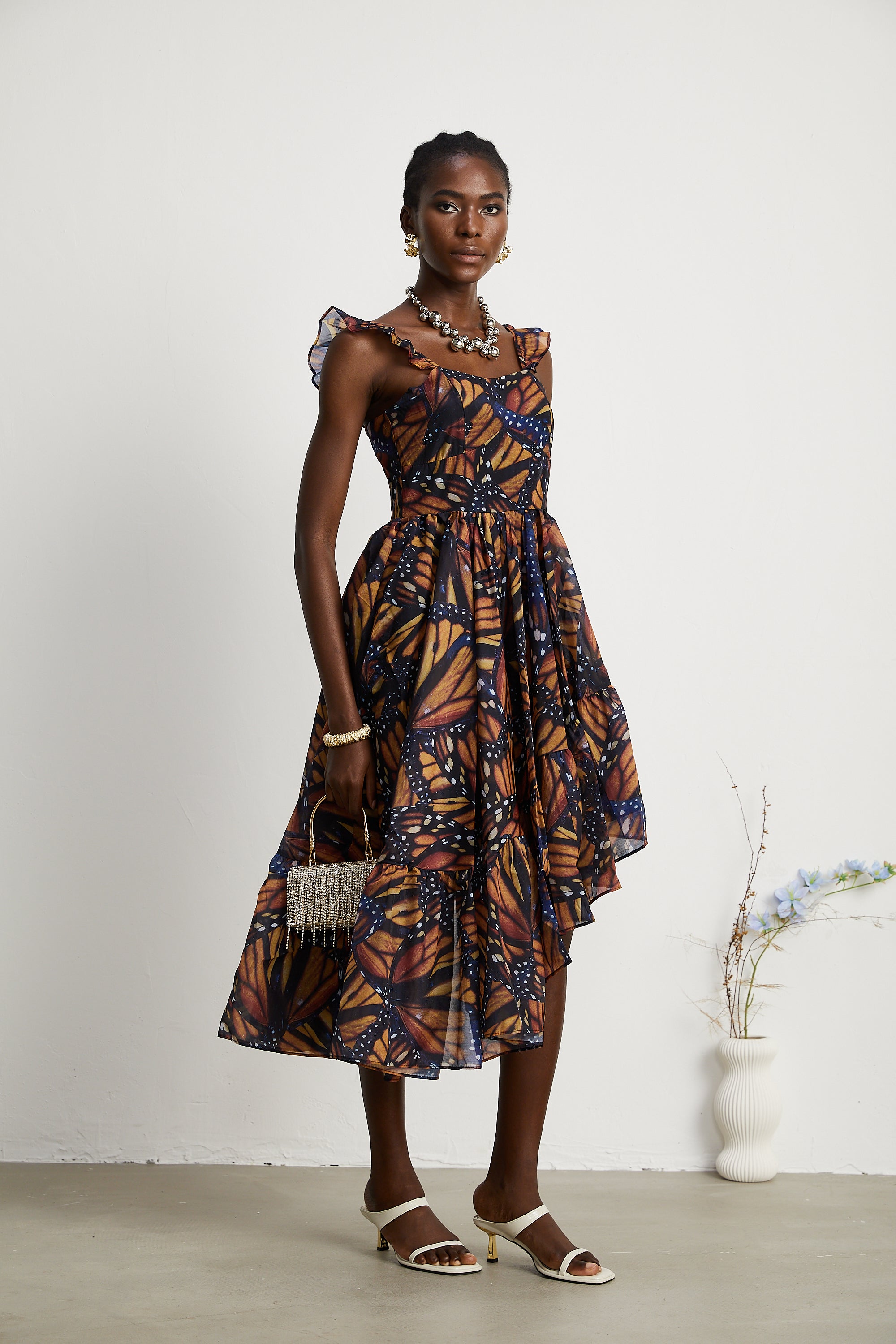 Coralie butterfly-print asymmetric midi dress