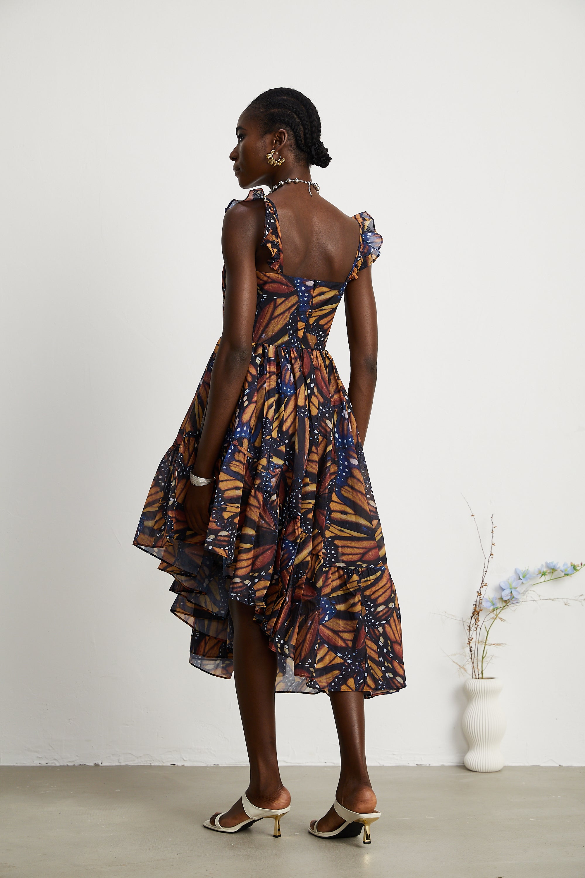 Coralie butterfly-print asymmetric midi dress