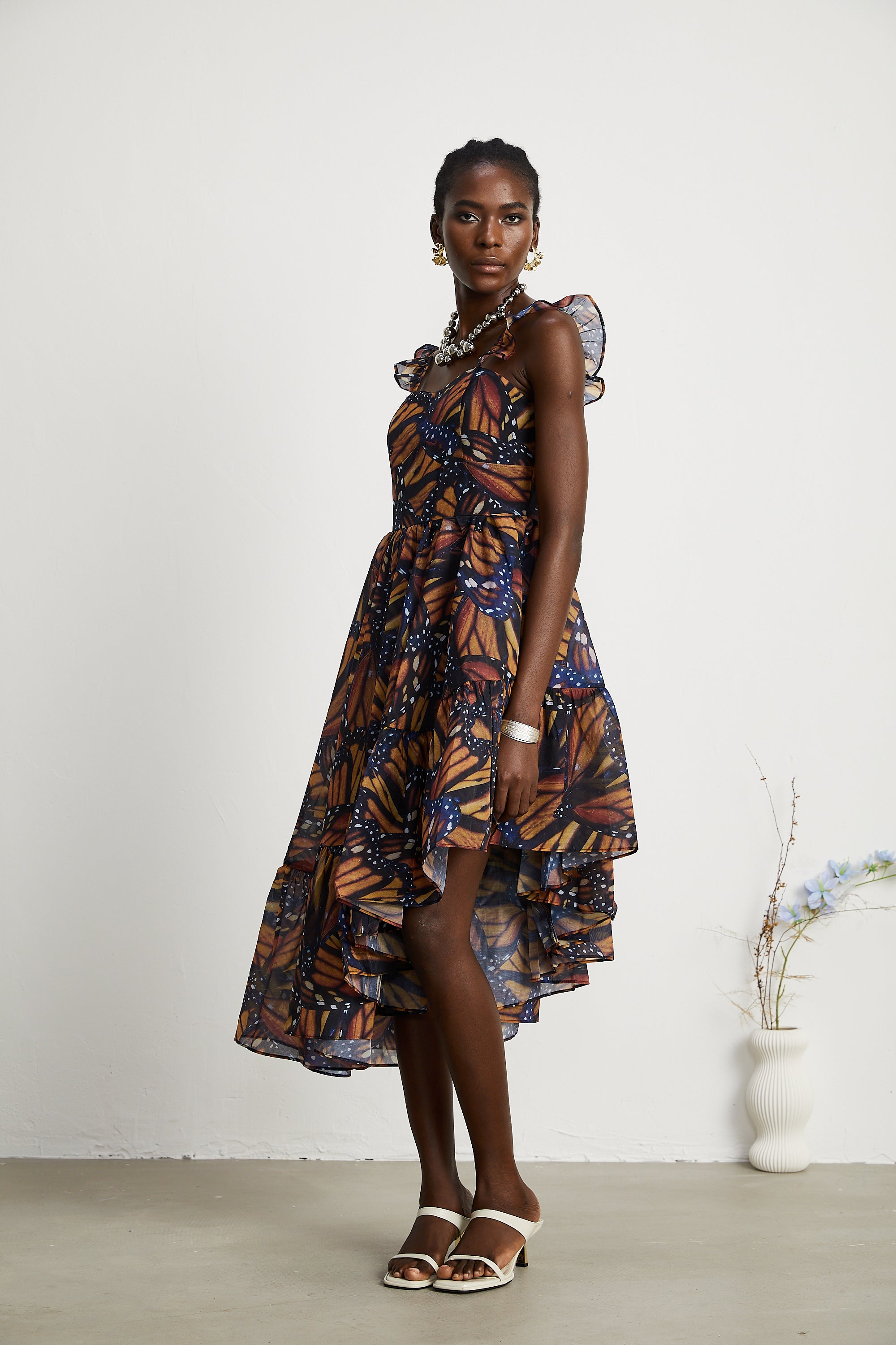 Coralie butterfly-print asymmetric midi dress