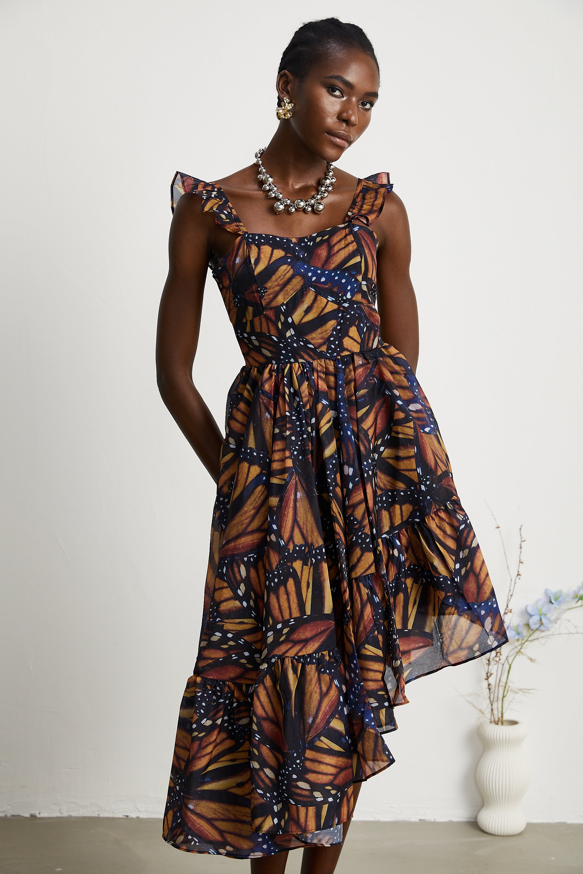 Coralie butterfly-print asymmetric midi dress