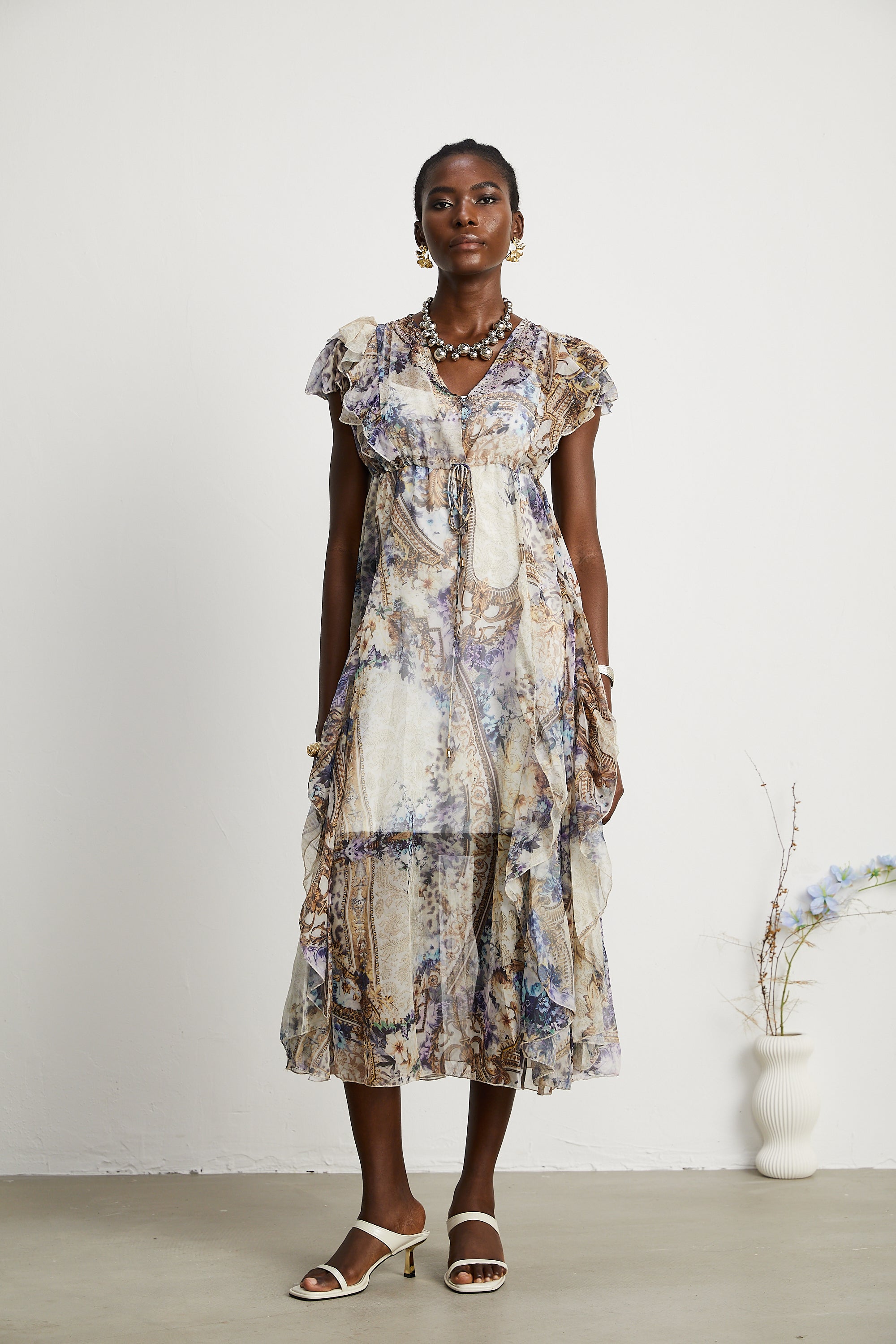 Sophie pattern-print ruffled midi dress