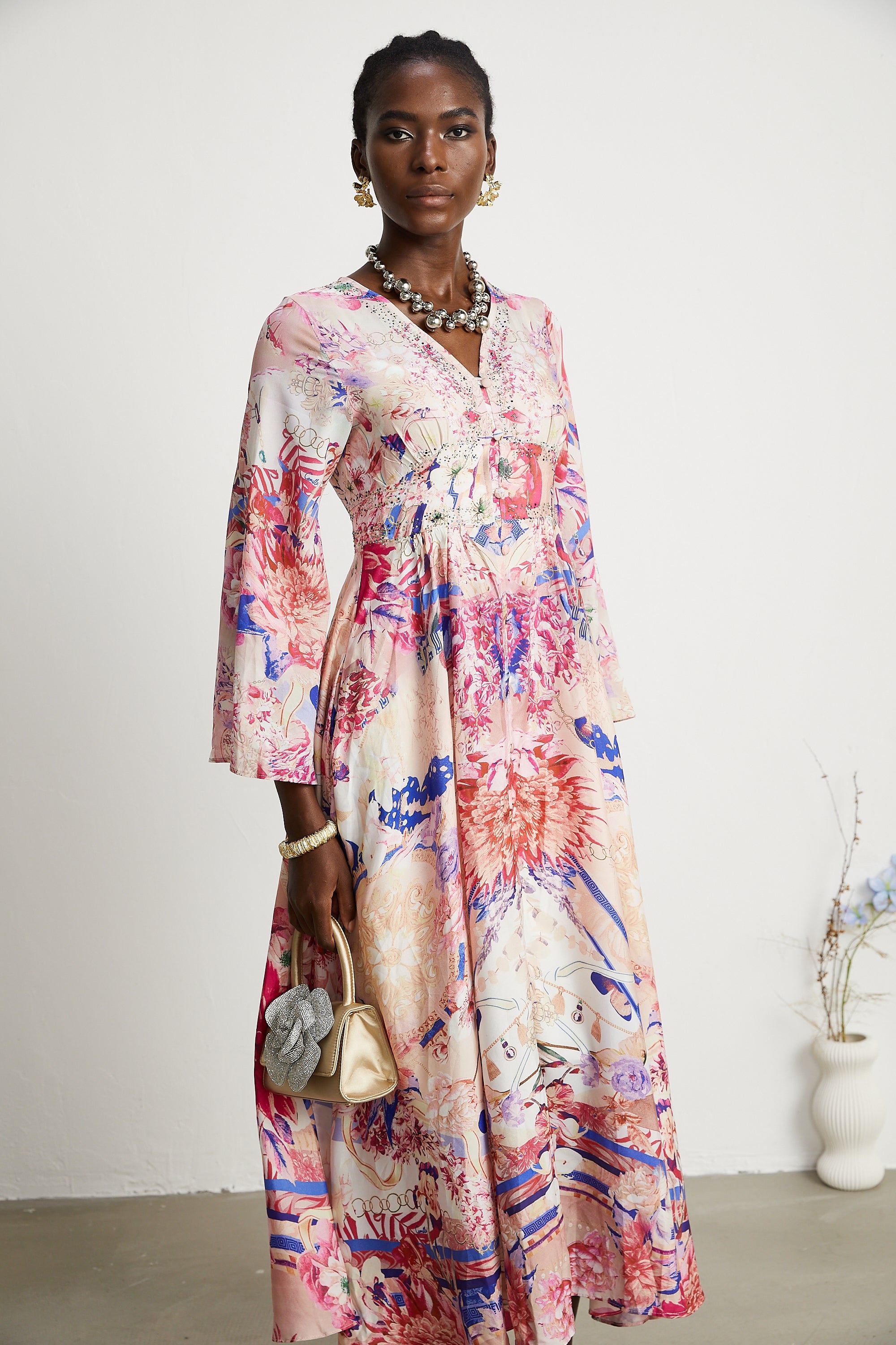 Silvia kimono-sleeve shirring maxi dress