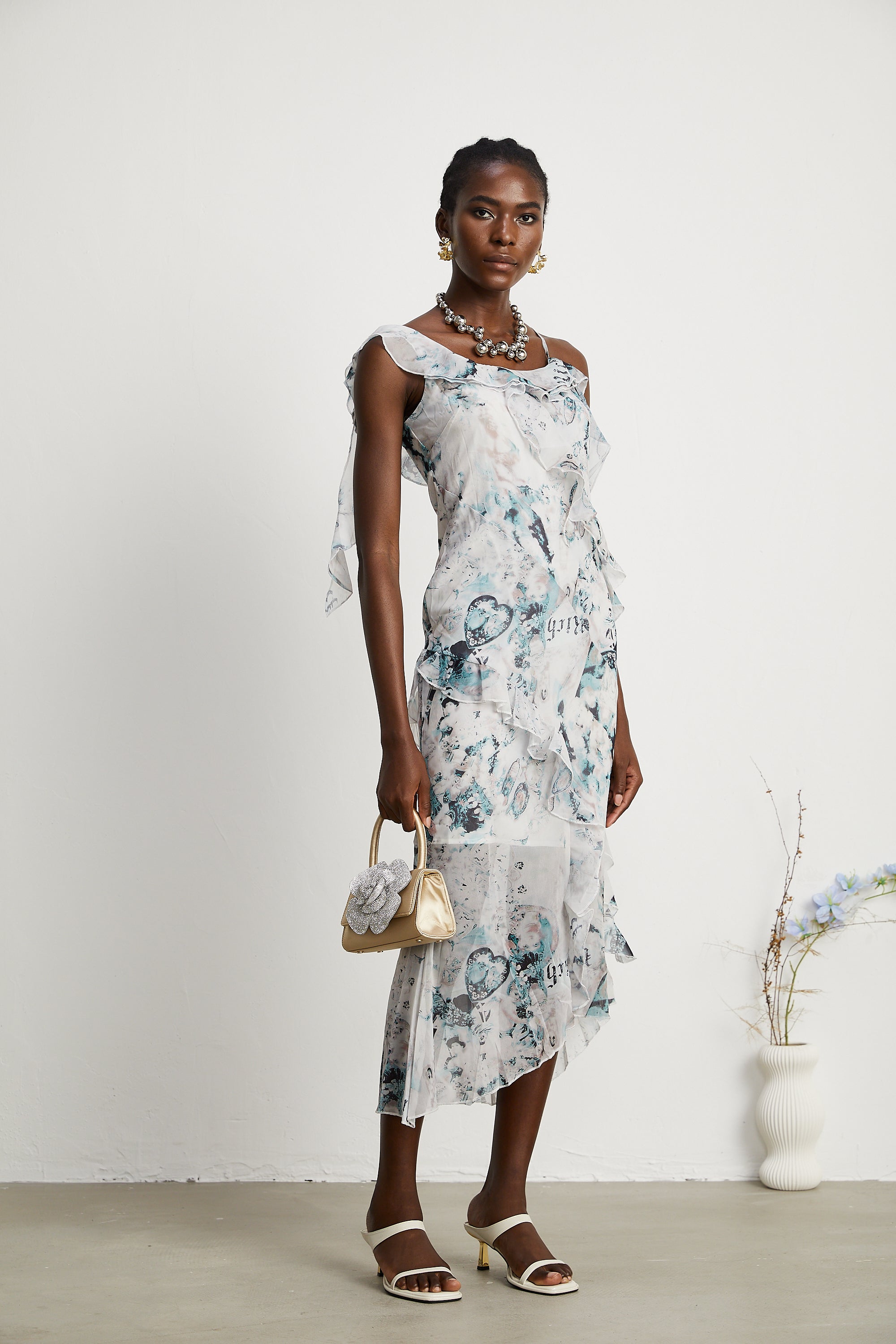 Roberta ruffled cameo-print midi dress