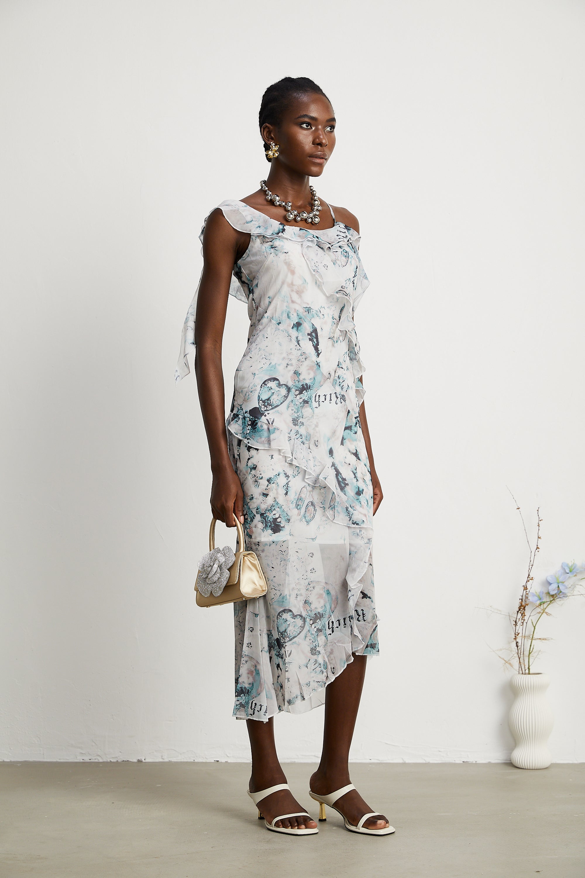 Roberta ruffled cameo-print midi dress