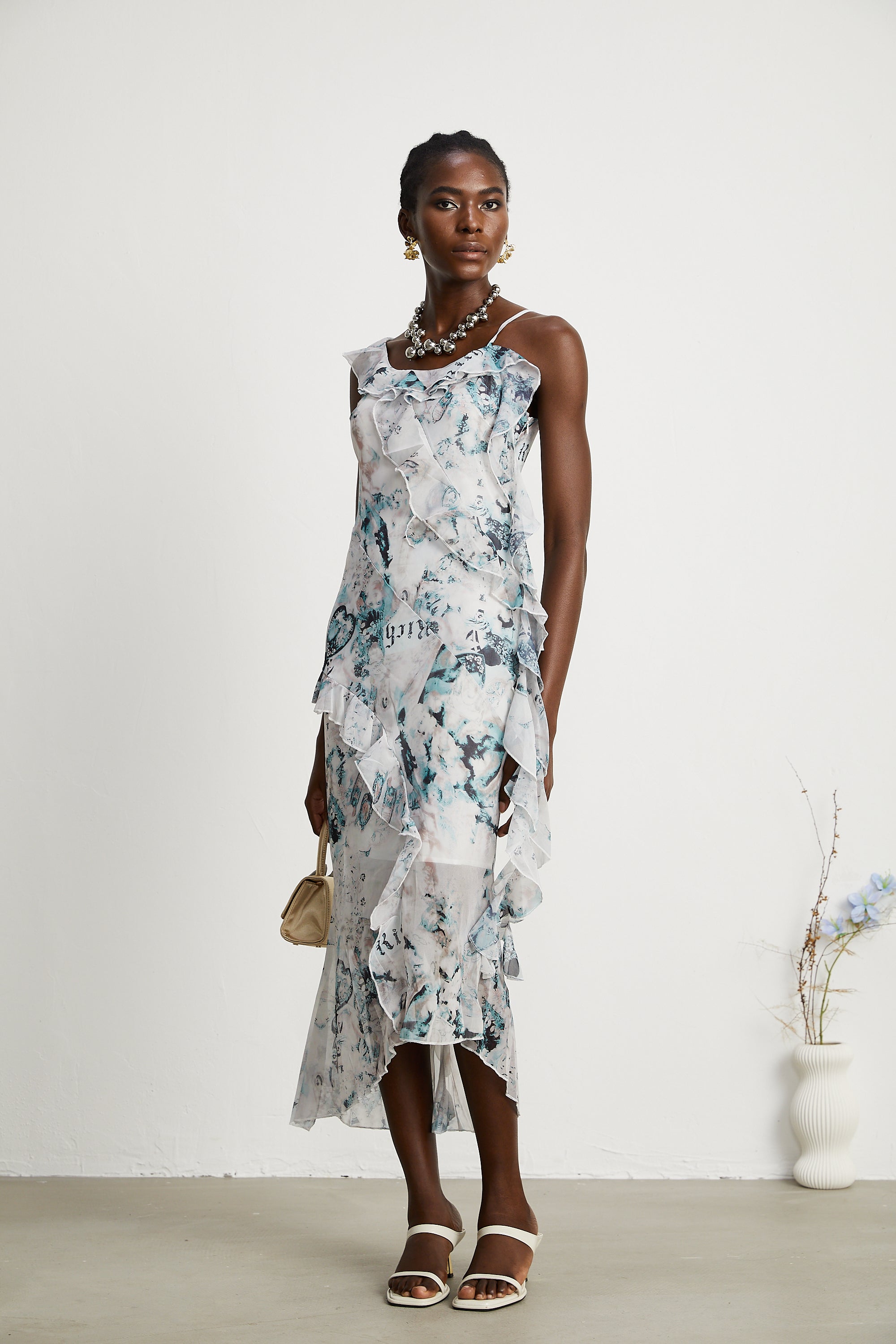 Roberta ruffled cameo-print midi dress