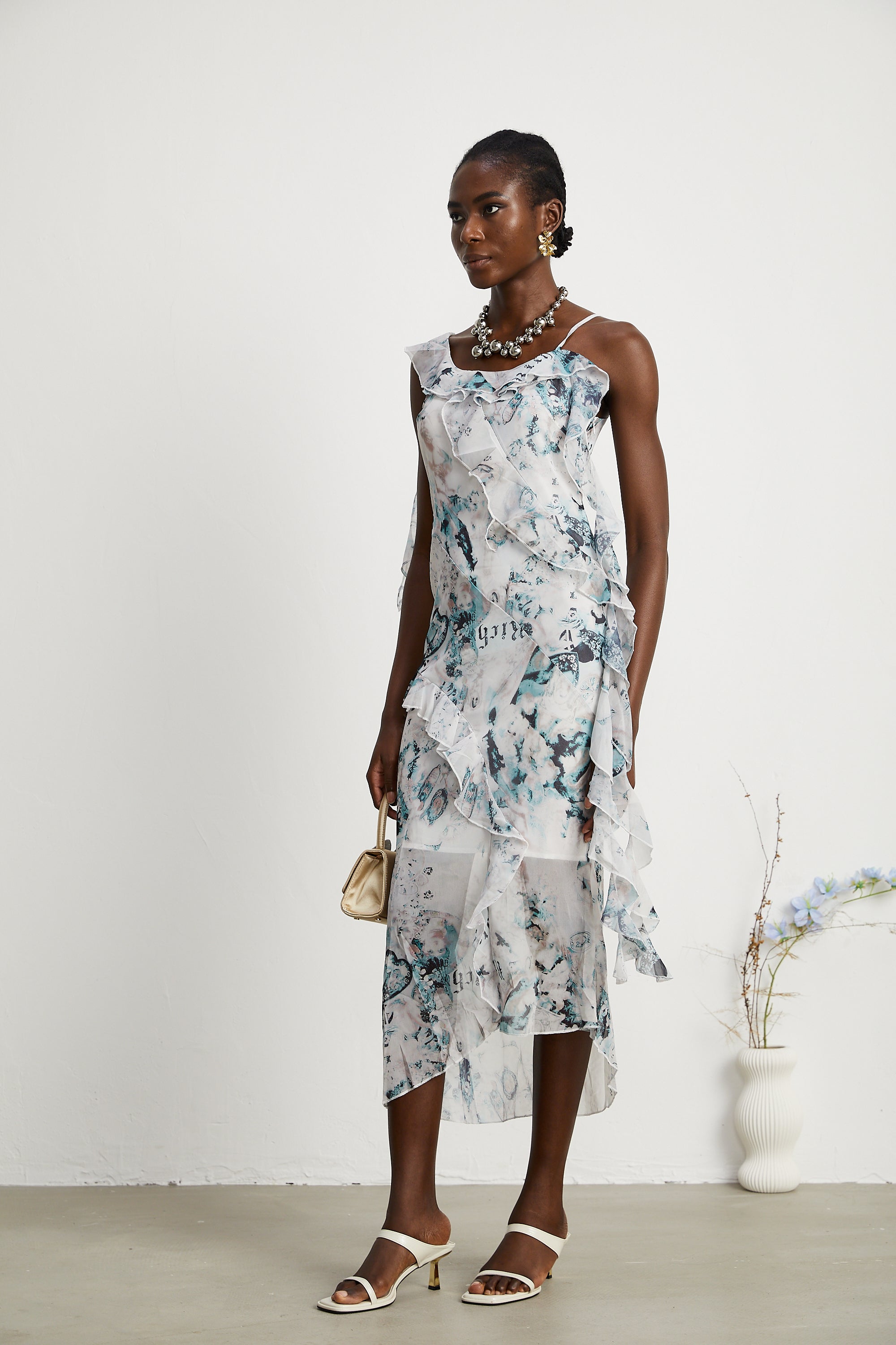 Roberta ruffled cameo-print midi dress