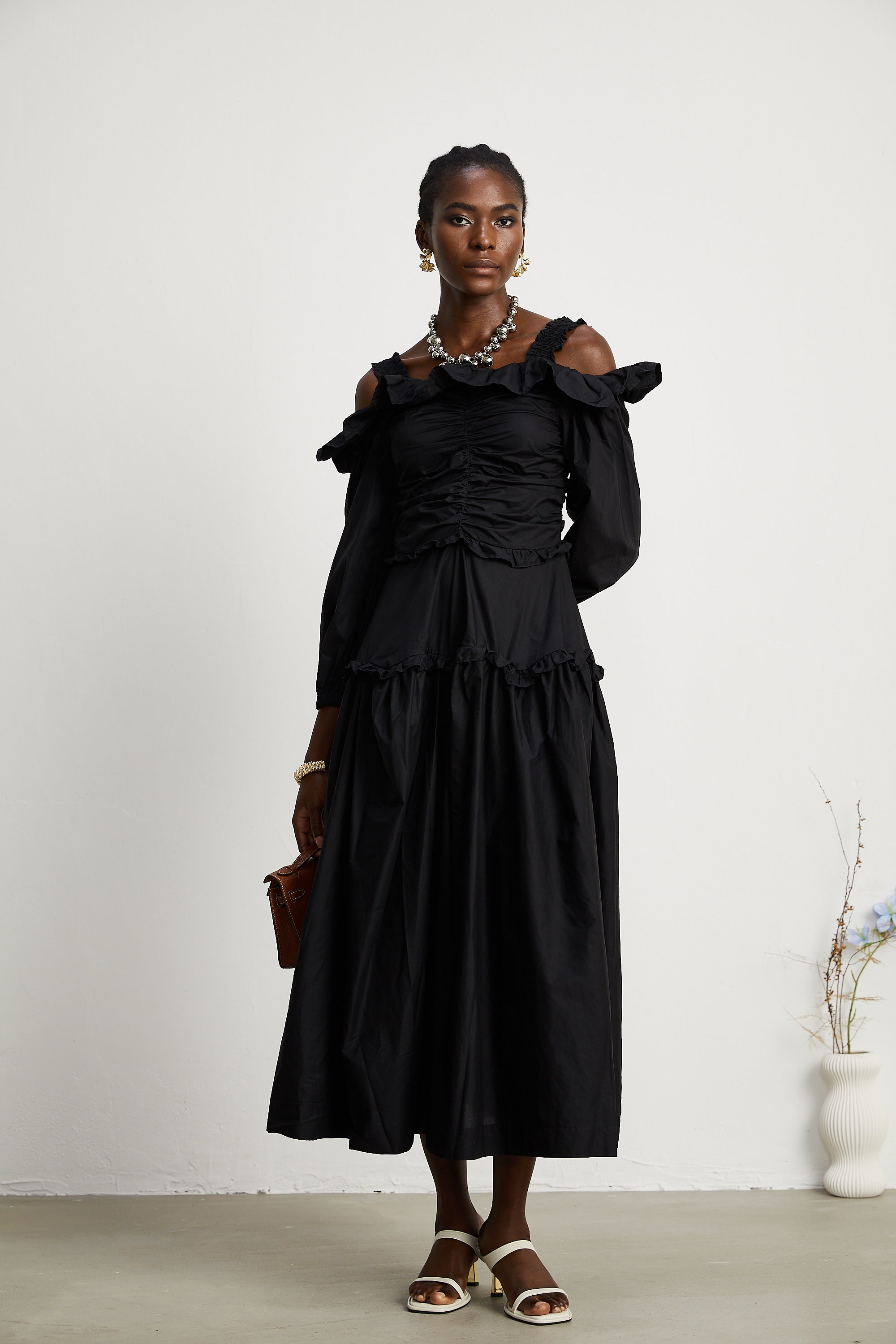 Renée black pleated ruffled midi dress