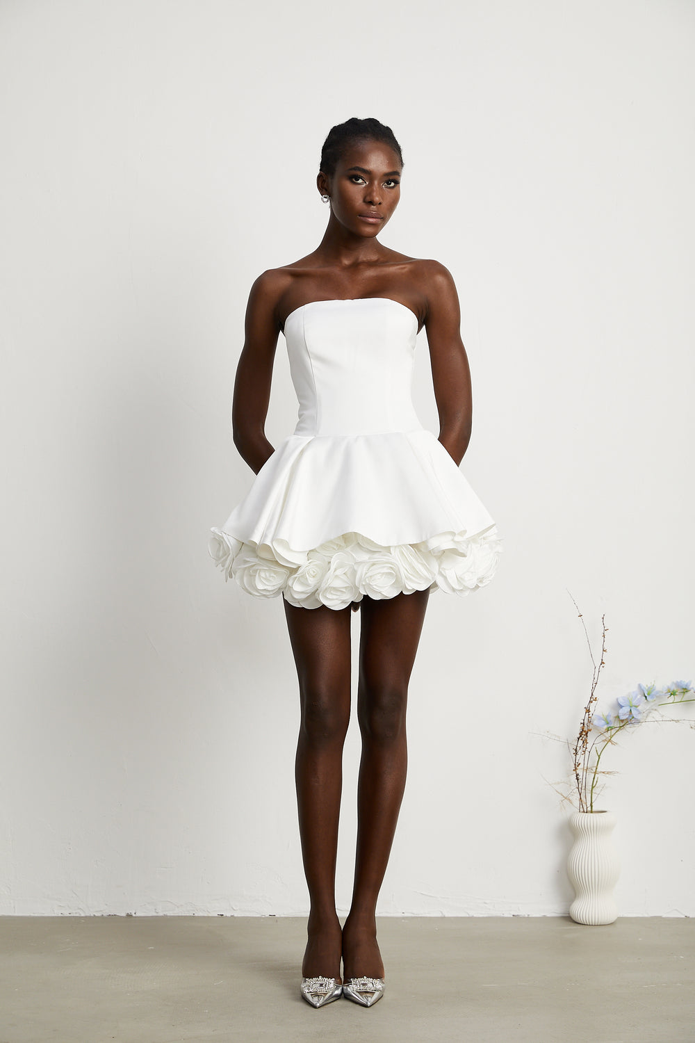 Strapless Petal-layered Velvet Mini Dress
