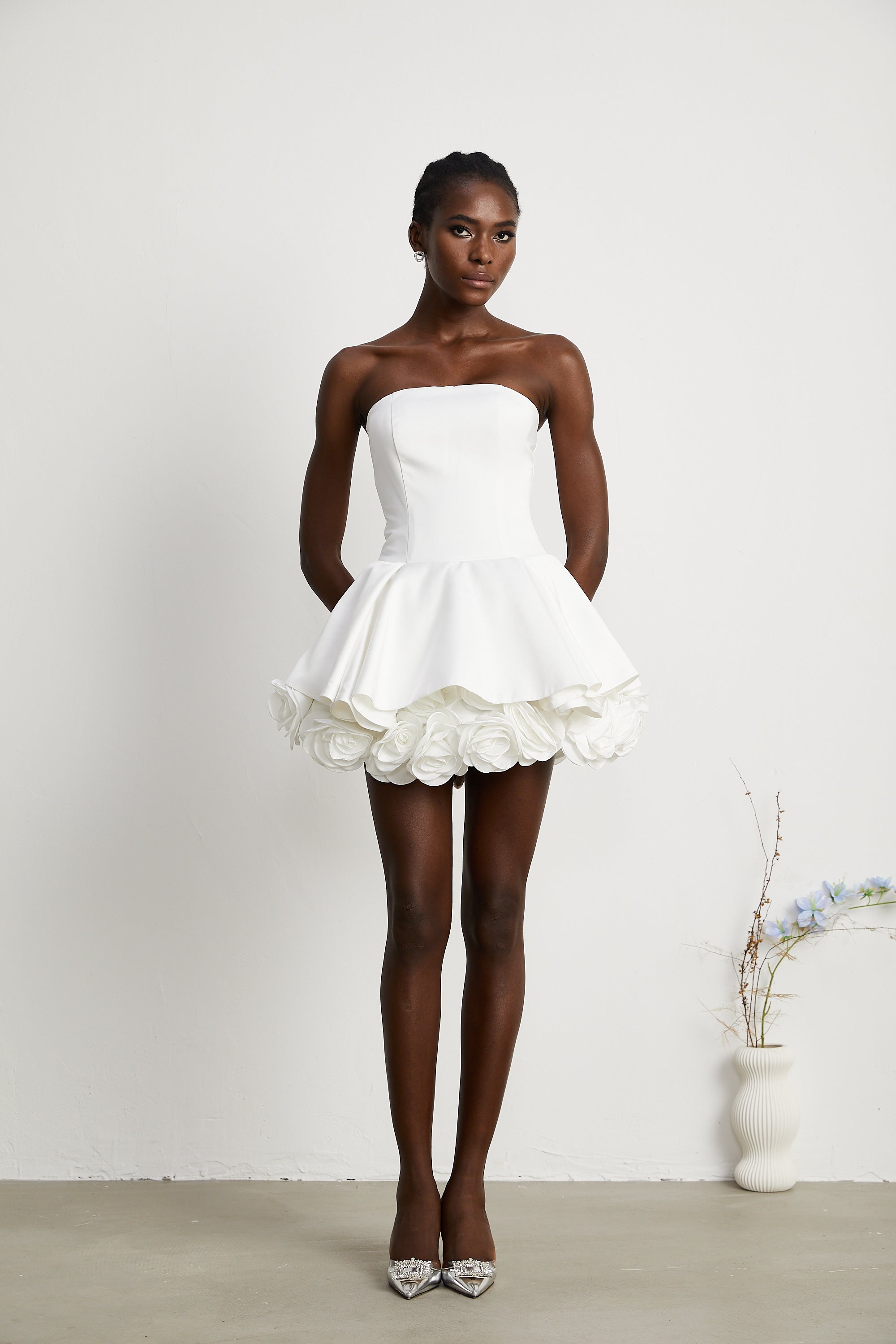 Lucie white petal-layered strapless corset mini dress