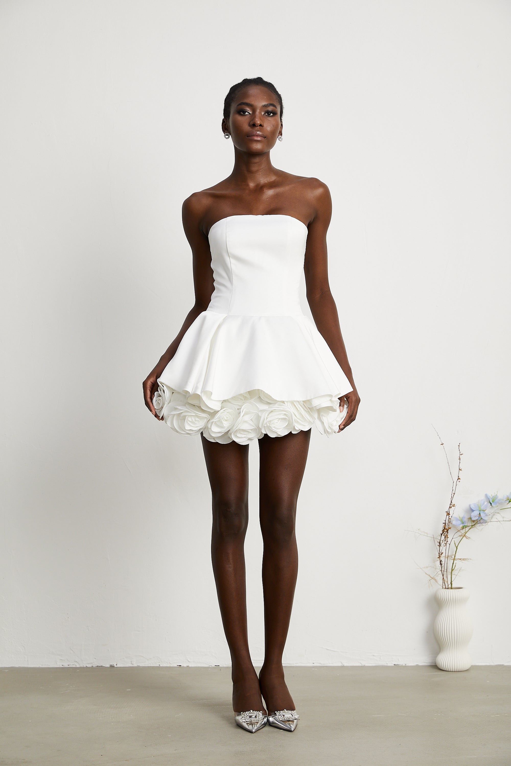 Lucie white petal-layered strapless corset mini dress