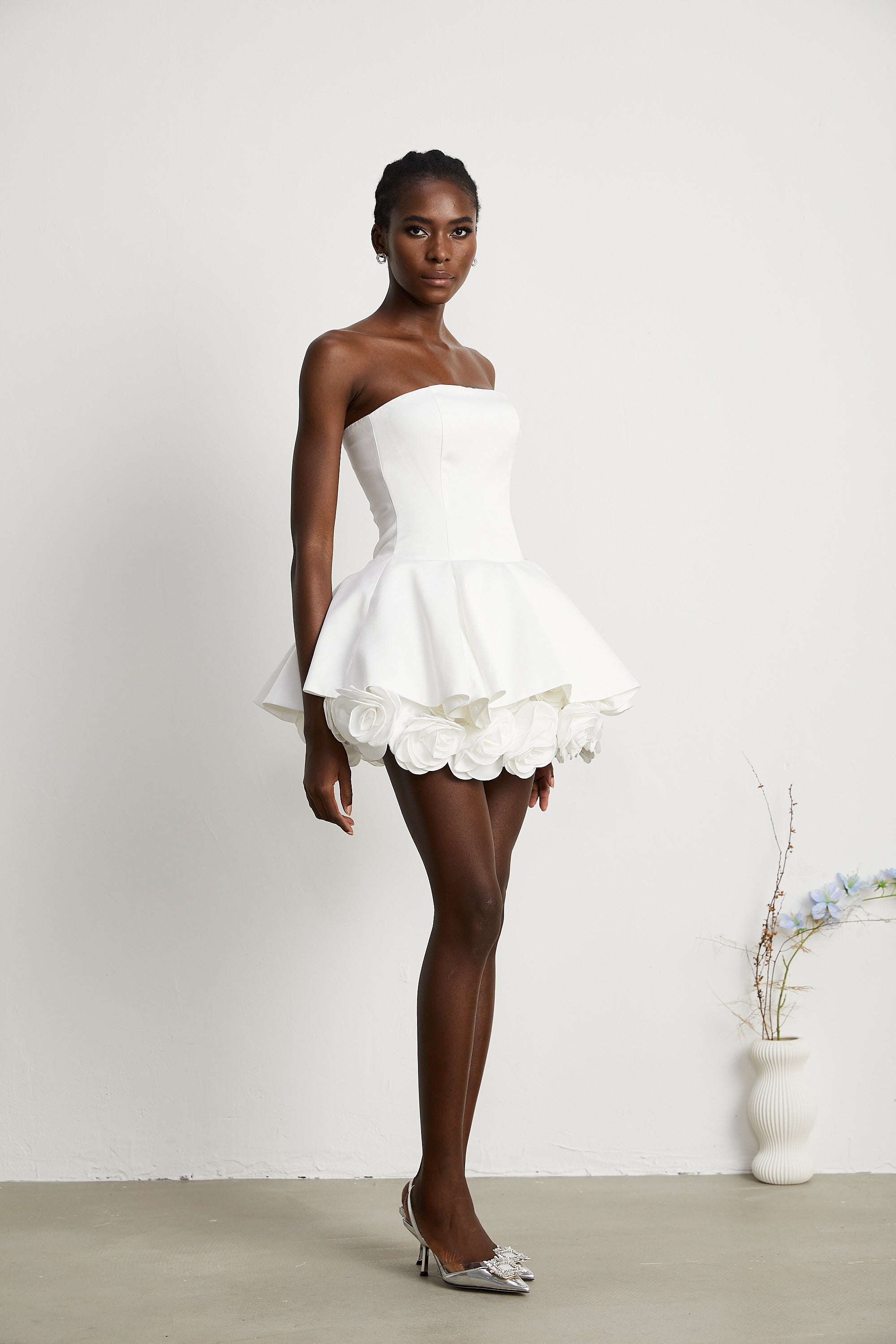 Lucie white petal-layered strapless corset mini dress